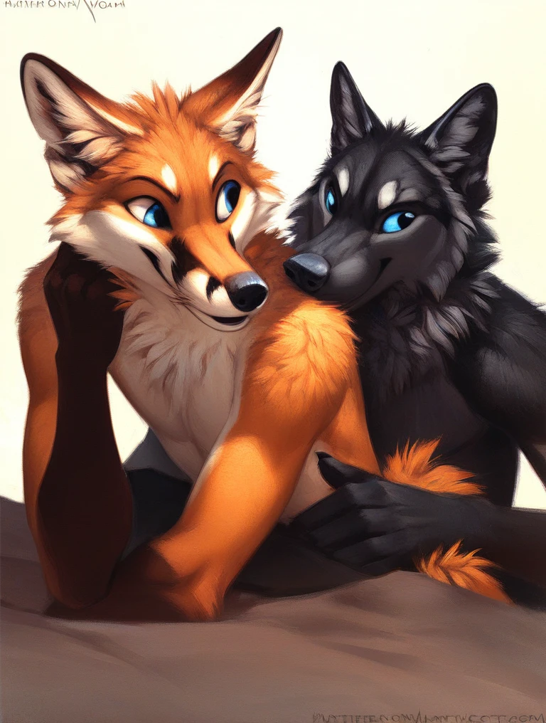 score_9, score_8_up, score_7_up, source_furry, rating_safe, by kenket, anthro, duo, male/male, wolf, black body, blue eyes, fox, orange body, doggy style, on bellies, hands on hips, legs, disappointment, fullbody portrait
