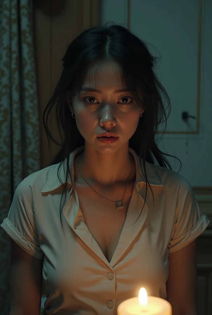 (1 female)、Highest quality、masterpiece、Ultra-high resolution、(Photographic realism:1.4)、Original photo,Octane Rendering、8k、Ultra Sharp、Horror game world ,fear、scared、Haunted House、Woman gets lost in haunted house in Japan, Troubled face、Perfect detail, captivating and mesmerizing,Beautiful Asian Girl,