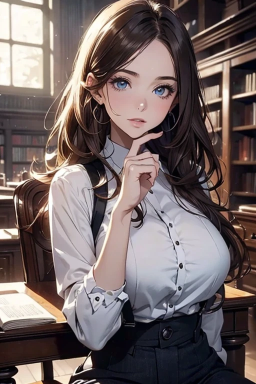 ((best quality)), ((masterpiece)), (detailed), (anime), girl, brown hair, blue eyes, sweet, peaceful, happy look, in a library