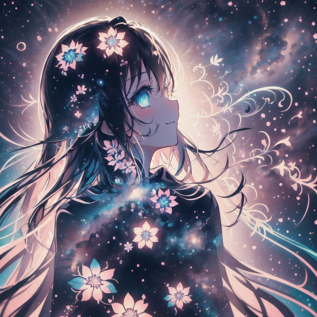  Masterpiece,  top quality , best details、 (  silhouette:1.3),  long hair, 輝く瞳,   beautiful eyes, star (null),   PROFILE  , flower, smile、vivid neon color background、