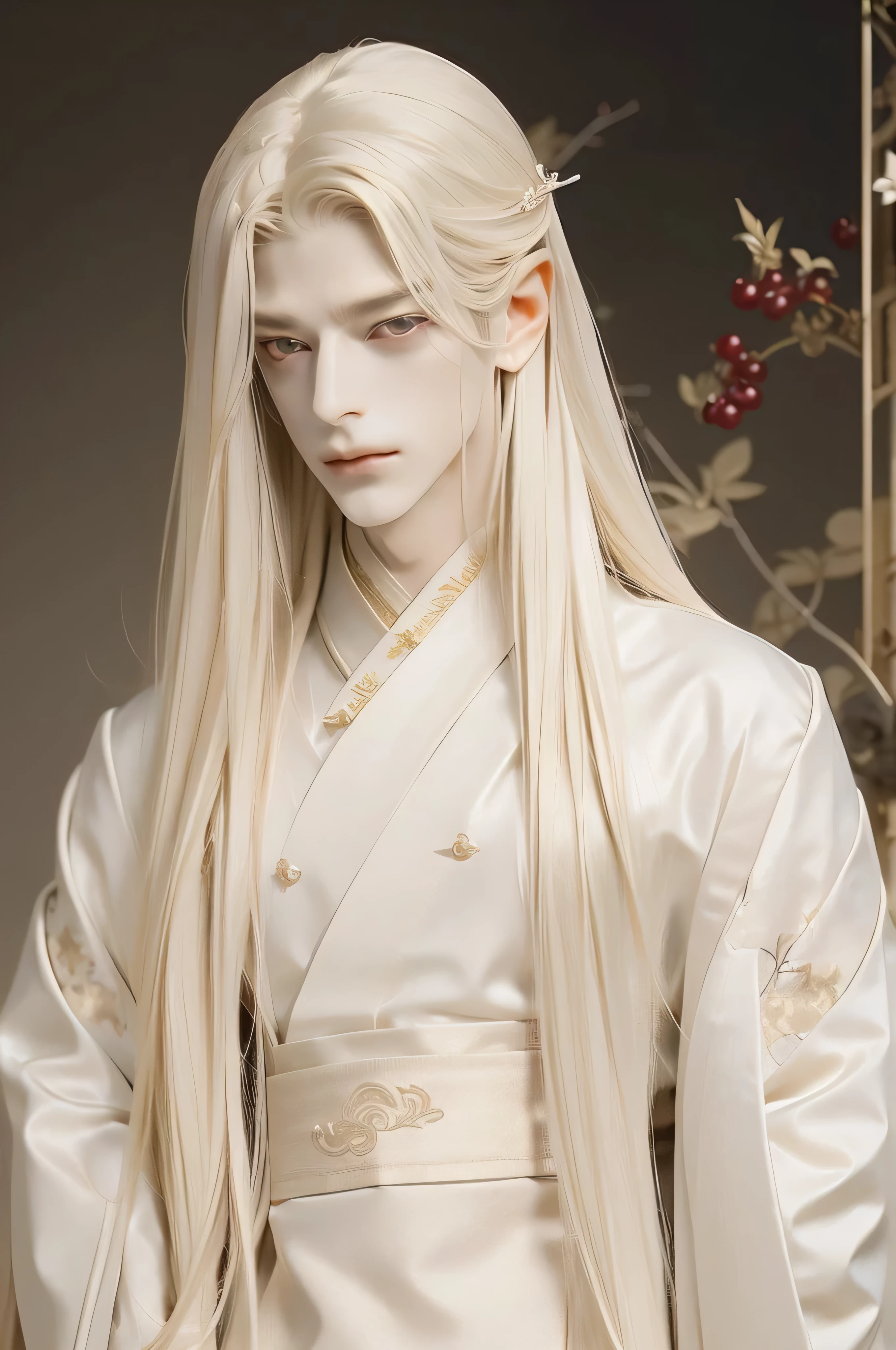 A pretty handsome, delicate, Skinny Male, Very long light blonde hair, bloody red eyes, Slender and thin body, (((Full body))), standing in front of the mountain, Delicate and soft facial features, Soft_light, pointy ears, ((sinister grin on his face)), he's wearing white long chinese hanfu, proud prince