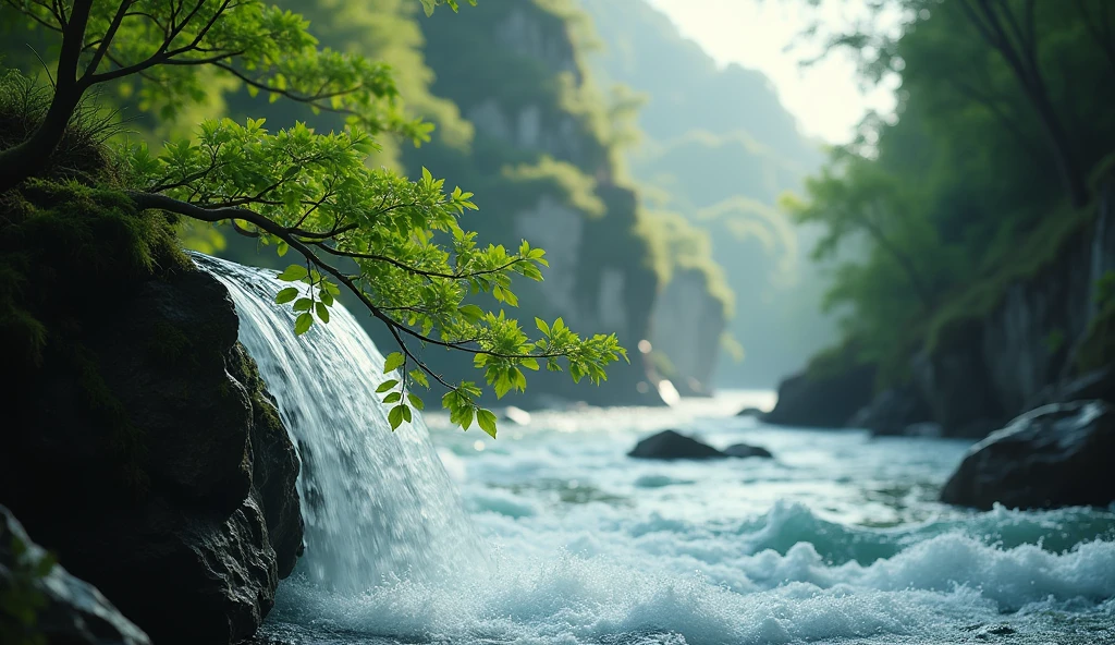 a branch behind a waterfall, serene river setting, hyperrealistic, highly detailed, vibrant colors, cinematic lighting, natural environment, wildlife photography style, flowing water, 8k resolution