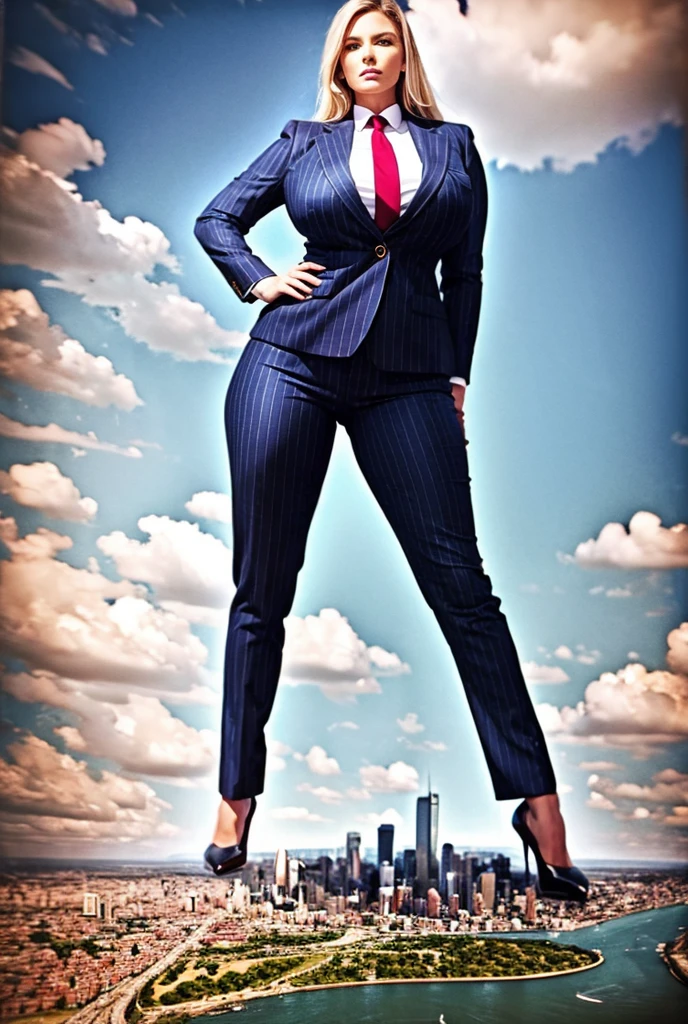 Looking up at the approaching young giantess, Giantess art, 500 miles tall giga giantess, young sophisticated and stylish woman in a light grey italian pinstriped trouser suit, form fitting crisp office shirt, and a large wide yellow necktie in a windsor knot, with a beautiful, curvaceous figure, large natural breasts, and long wavey blonde hair, with a curvaceous figure and massive breasts. wearing blue rounded court high heels with uncovered feet and standing, rampage-like pose, with a city skyscrapers background of mega-city, skyscapers, partially obscured by a hazy, cloudy atmosphere. The image is a high-resolution, masterpiece-quality, cinematic, ultra-detailed, and hyper-photorealistic photograph, with perfect hands, face, and lighting. ultra-detailed, 8K, photo-realistic, hyper-realistic, masterpiece, intricate details, full body view. Looking at camera, The image is a high-resolution, masterpiece-quality, cinematic, ultra-detailed, and hyper-photorealistic photograph, with perfect hands, face, and lighting. ultra-detailed, 8K, photo-realistic, hyper-realistic, masterpiece, intricate details,