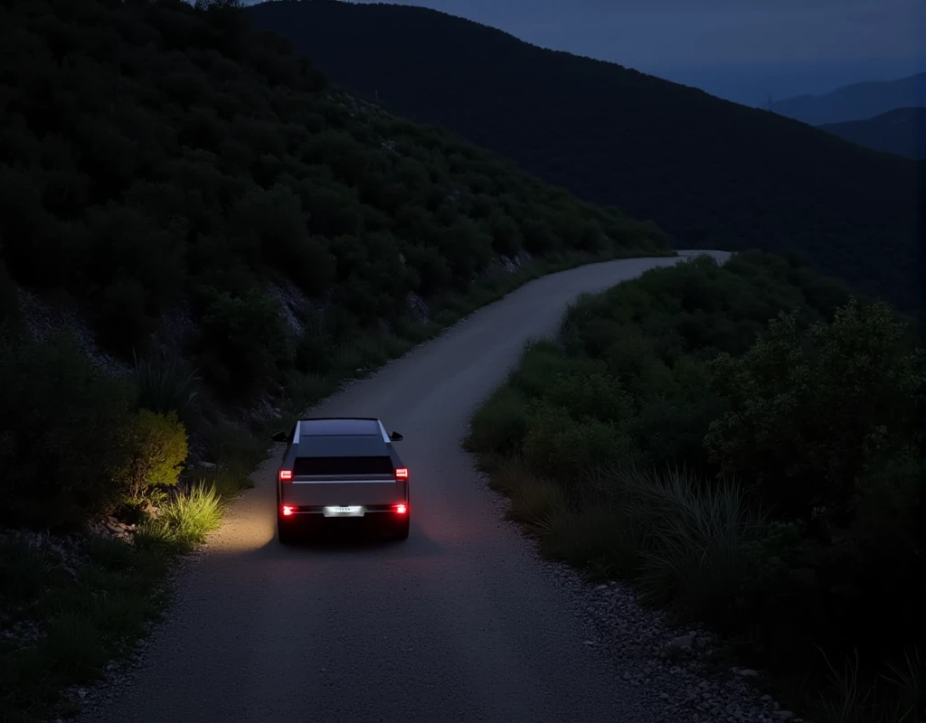 a photography of a grey cybertruck, (cybertruck:1.5), on a winding road through cerrodelasilla, (cerrodelasilla:1.5), (cerrodelasilla as mountains:1.5), The cybertruck, (cybertruck:1.5), is going up to cerrodelasilla, The background features rolling hills, dense greenery, natural lighting and a slightly elevated camera angle,seen fron behind,at night, the lights of the cybertruck are on