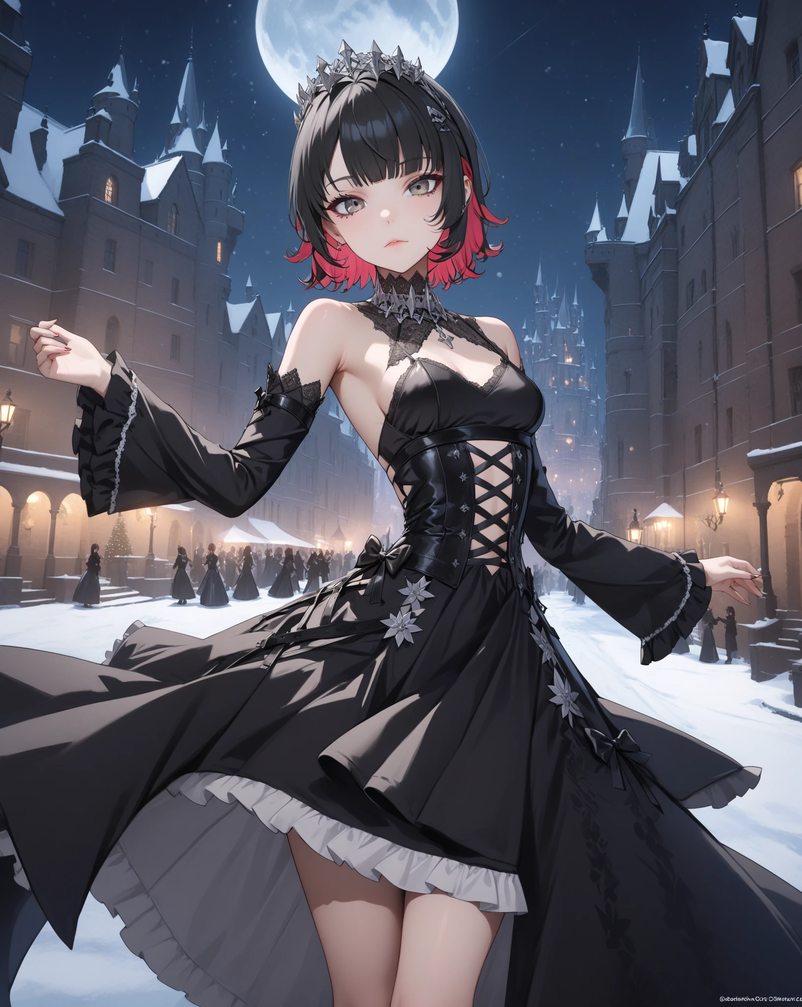 score_9, score_8_up, score_9_up, 1girl, source_anime, close up photo,  beautiful face, ellenjoe, night, passionless,  closed mouth, ellen joe, black hair, moonlight, party, night. winter,  party, sideboobs, fantasy party, fantasy night dress, night party, snow, sexy body, very small breasts,  colored inner hair, multicolored hair, grey eyes, total black outfit, dark place, dancing alone, sadistic eyes, red hair,  shoes pumps black, short hair,  two-tone hair, shoulders covered, shoulders covered by the dress, not loooking at the viewer, winter long dress, dance long dress, gothic dress, winter dress, cozy dress, ghotic lolita dress, sideboobs, ghotic dress, lace black dress, winter dress, cozy dress, covered shoulders, black dance dress, ghotic skirt, silver corset, dress for dancing, winter sleeves, glitter in the corset, shoulders covered by sleeves, long sleeves, long shirt, black corset with silver decorations, gala elegant dress, winter dress, elegant dress, long skirt dress, night, arms behind her back, lace collar, sexy body,  small breasts, two-tone hair,  beautiful eyes, beautiful legs, sexy legs, solo, fantasy world, night, beautiful eyes