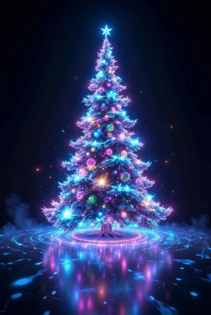 Create a mesmerizing holographic artwork depicting a futuristic winter wonderland set during Christmas. The scene should feature a sprawling digital landscape illuminated by glowing holograms of snowflakes gently descending from the sky. In the heart of this wonderland, (a towering, translucent Christmas tree made entirely of holographic lights and shapes) stands, adorned with shimmering ornaments made of pure light and constantly shifting geometric patterns. Surrounding the tree are life-sized holographic figures of ren, joyfully playing and ice skating on a frozen digital lake that reflects the glowing skyline. The horizon is filled with the dreamy outlines of futuristic skyscrapers, their sleek designs enhanced by vibrant holographic displays that depict celebratory animations and messages. The entire scene is bathed in a serene blue and silver color palette, with occasional bursts of iridescent colors that dance throughout the composition, creating an ethereal, dream-like ambience that captures the magic and wonder of a Christmas spent in a technologically advanced world.
