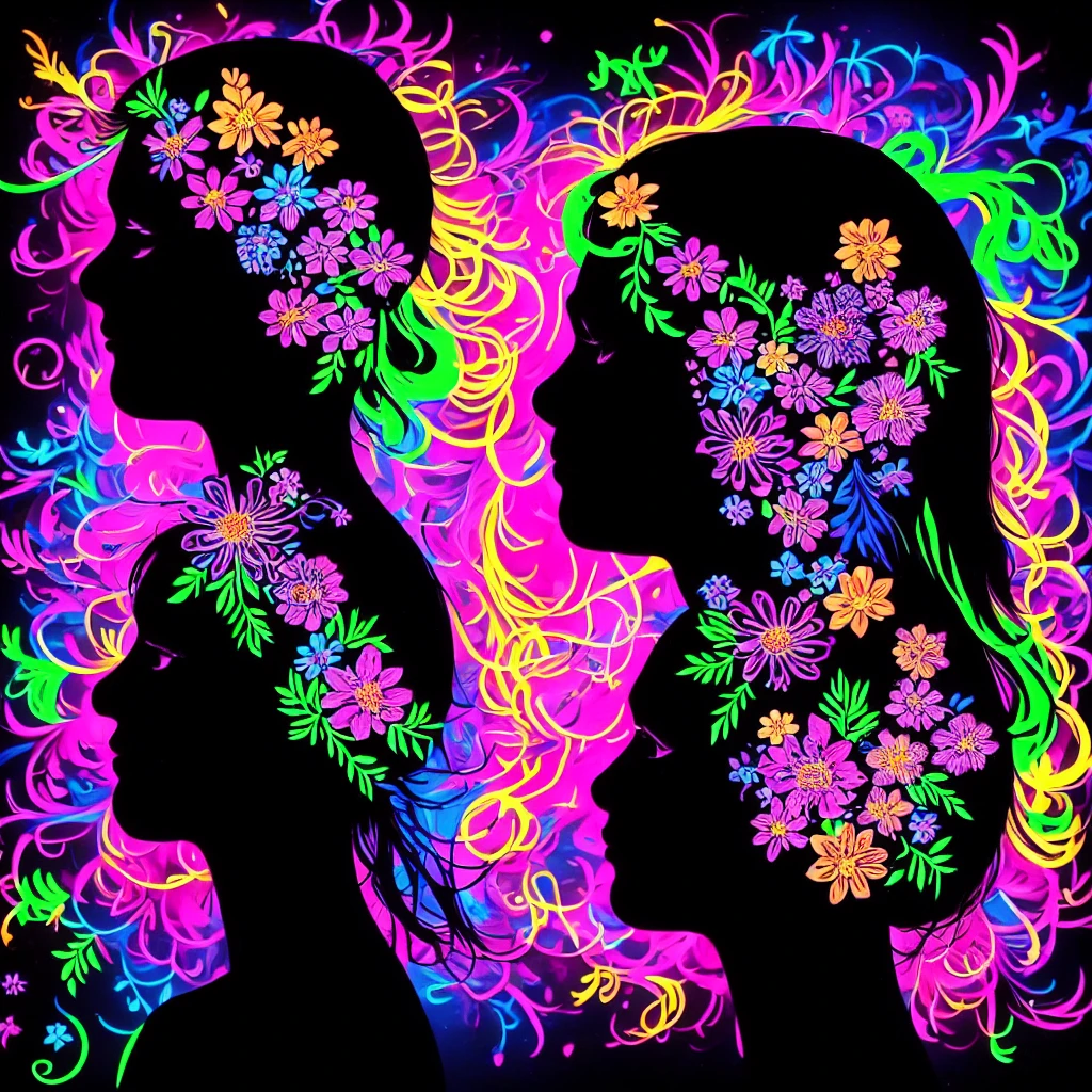  Masterpiece,  top quality , best details、 (  silhouette:1.3),  long hair, 輝く瞳,   beautiful eyes, star (null),   PROFILE  , flower, smile、vivid neon color background、