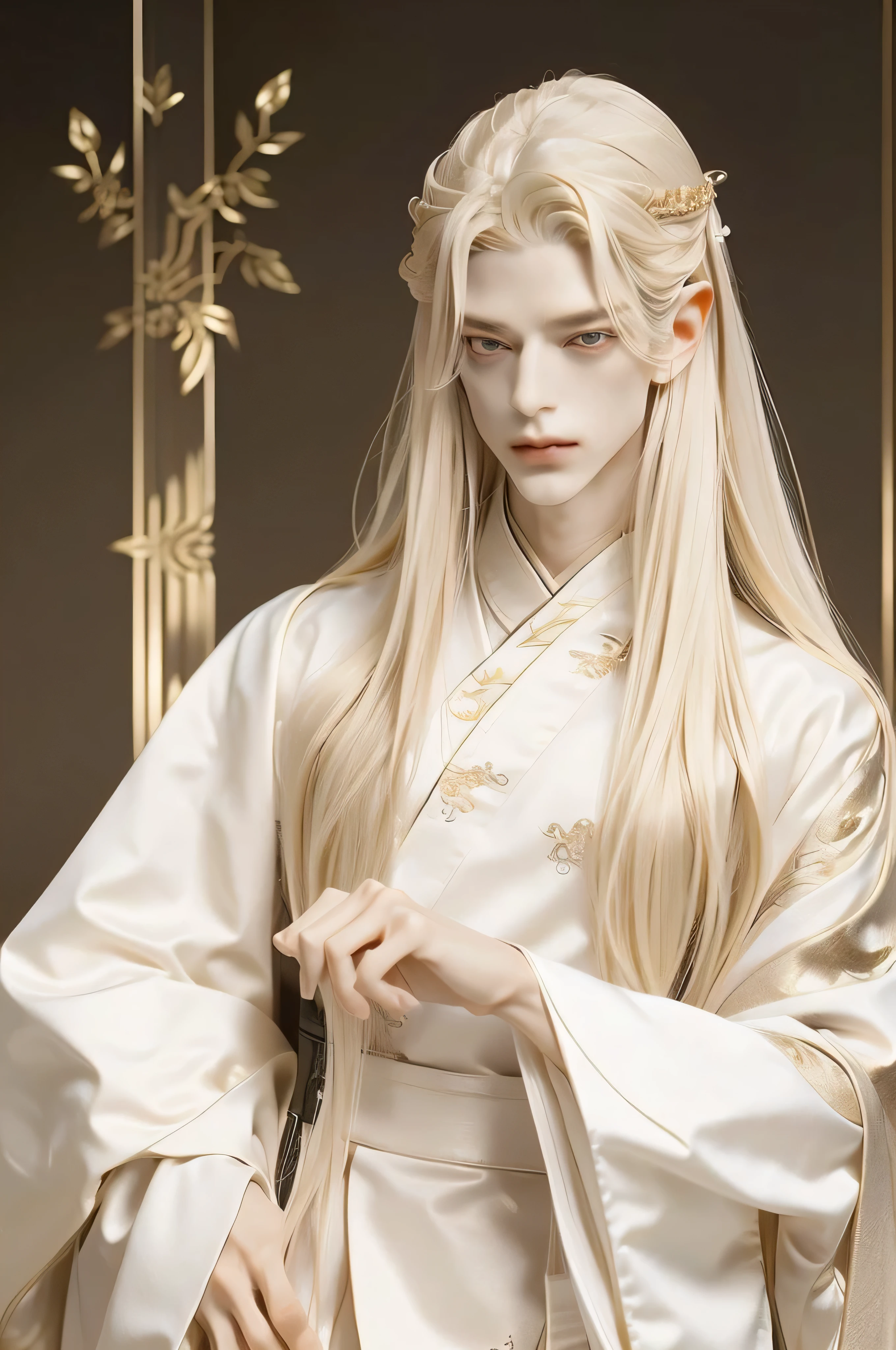 A pretty handsome, delicate, Skinny Male, Very long light blonde hair, bloody red eyes, Slender and thin body, (((Full body))), standing in front of the mountain, Delicate and soft facial features, Soft_light, pointy ears, ((sinister grin on his face)), he's wearing white long chinese hanfu, proud and powerful prince