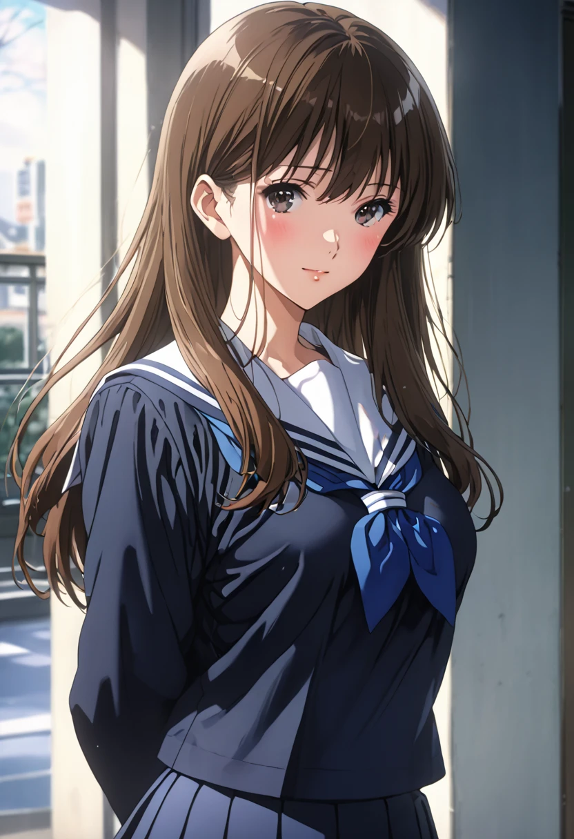 masterpiece, BestQuality, High resolution,16k,official art,super detailed skin,detailed,animated painting,(kuroe mayu:1.3),1990s \(style\),(F-cup beautiful breasts:1.3), (tall:1.2),height: 170cm,Fashion model body type,black eyes,brown hair,long hair,(highschool uniform,navy sailor uniform,navy mini skirt:1.3)、1girl,solo,nsfw,sexy,cool face,light smile,shy,blush,Anime-style painting style,Close up on full body,Cinematic lighting,Superfine,in the city