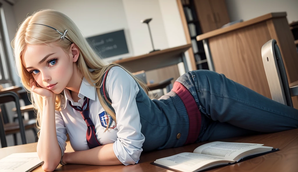 high quality, realistic, teenager, little school girl, gigantic breasts, gigantic hips, shaped hips, blonde, pigtails, glasses, in the classroom, tall black socks, open legs, open belly, black choker, erected big nipples under school uniform, hairless pink pussy, horny looks,