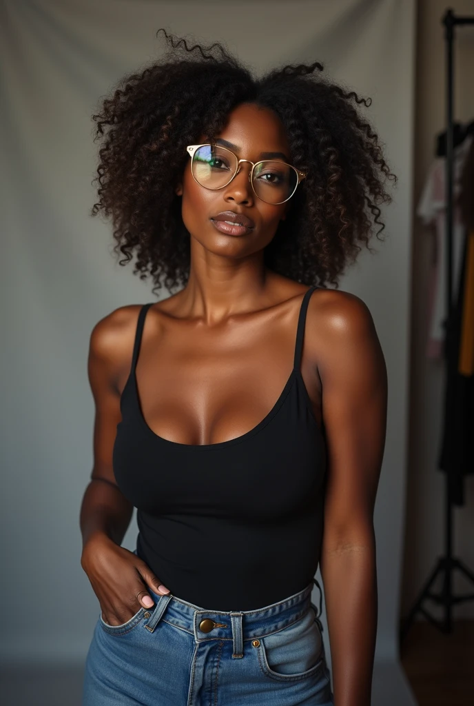 (photorealism:1.2), black beautiful woman, ,wearing sweat pants, short curly hair,oversized black glasses, standing , realistic, intricate detail,
