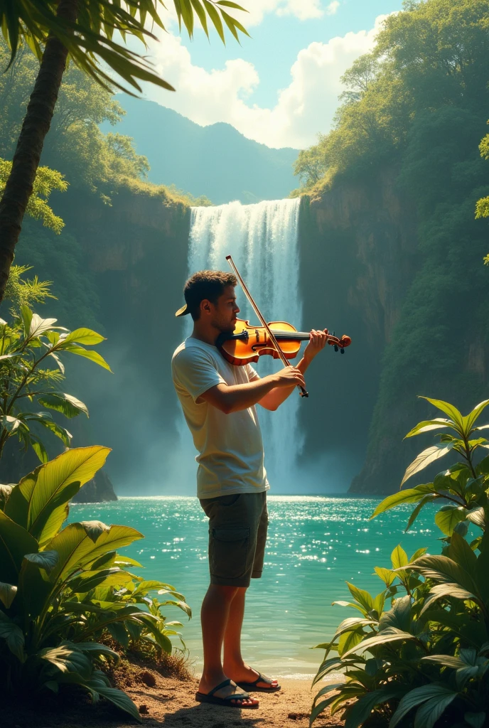 (( ultra-detailed and Realistic digital art)), ((digital art)), ((Realist)), ((30-megapixel)), ((4K)), ((CanonEOS DSLR 5D Mark IV)), ((85mm lens)), ((ultra-high definition)), handsome man, athletic body, 40 year old, fabric clothes, monge, black straight hair, sitting on a rock on the bank of a turquoise blue river, playing the harp, waterfall in the background,