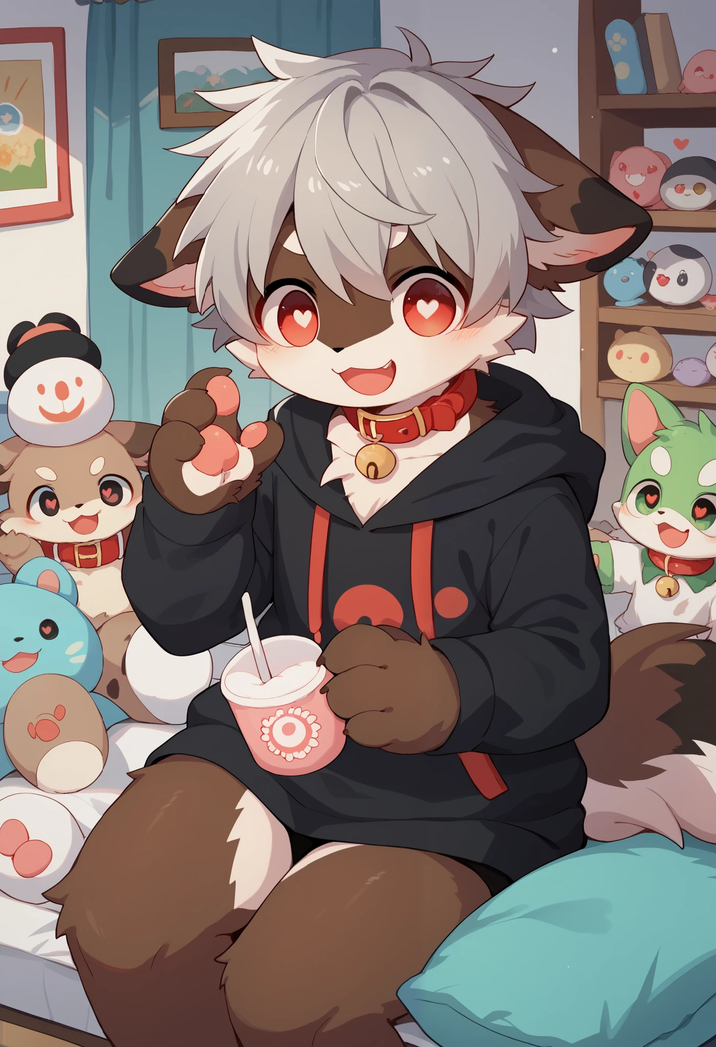   very detailedな,  very detailed,  brown fur gray hair ,boy with dark brown fur ,骨を見て excited,Heart Eye,participate, green、white、 and a multicolored hat ,  cute face, sitting!,Red collar,Black Ear ,  something like fluffy fur, excited,Horny boy,美しいroom,room ,smile,Dropped ears, hoodie, play with toys !  my mental age ,want,