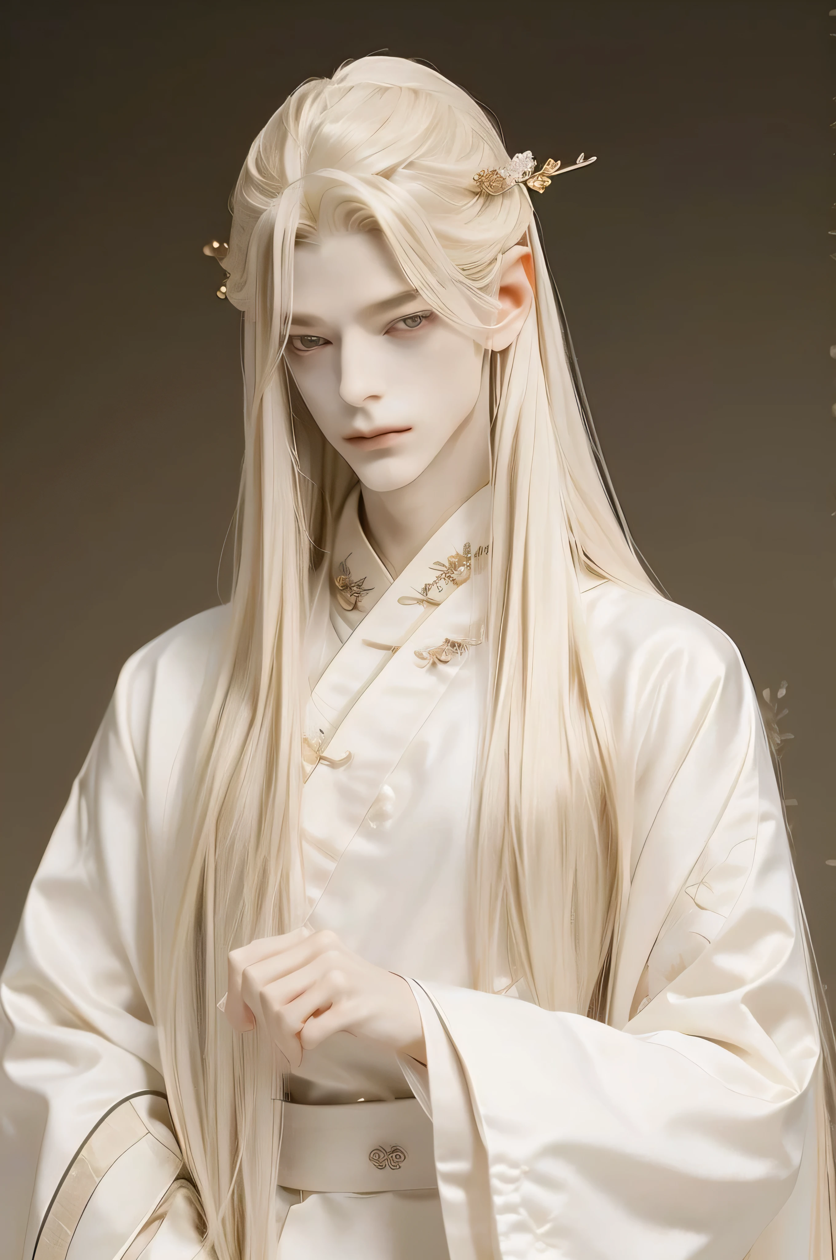 A pretty handsome, delicate, Skinny Male, Very long light blonde hair, bloody red eyes, Slender and thin body, (((Full body))), standing in front of the mountain, Delicate and soft facial features, Soft_light, pointy ears, ((sinister grin on his face)), he's wearing white long chinese hanfu, proud and powerful prince