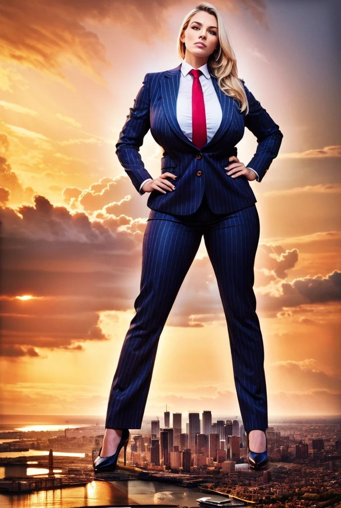 Looking up at the approaching young giantess, Giantess art, 500 miles tall giga giantess, young sophisticated and stylish woman in a light grey italian pinstriped trouser suit, form fitting crisp office shirt, and a large wide yellow necktie in a windsor knot, with a beautiful, curvaceous figure, large natural breasts, and long wavey blonde hair, with a curvaceous figure and massive breasts. wearing blue rounded court high heels with uncovered feet and standing, rampage-like pose, with a city skyscrapers background of mega-city, skyscapers, partially obscured by a hazy, cloudy atmosphere. The image is a high-resolution, masterpiece-quality, cinematic, ultra-detailed, and hyper-photorealistic photograph, with perfect hands, face, and lighting. ultra-detailed, 8K, photo-realistic, hyper-realistic, masterpiece, intricate details, full body view. Looking at camera, The image is a high-resolution, masterpiece-quality, cinematic, ultra-detailed, and hyper-photorealistic photograph, with perfect hands, face, and lighting. ultra-detailed, 8K, photo-realistic, hyper-realistic, masterpiece, intricate details,