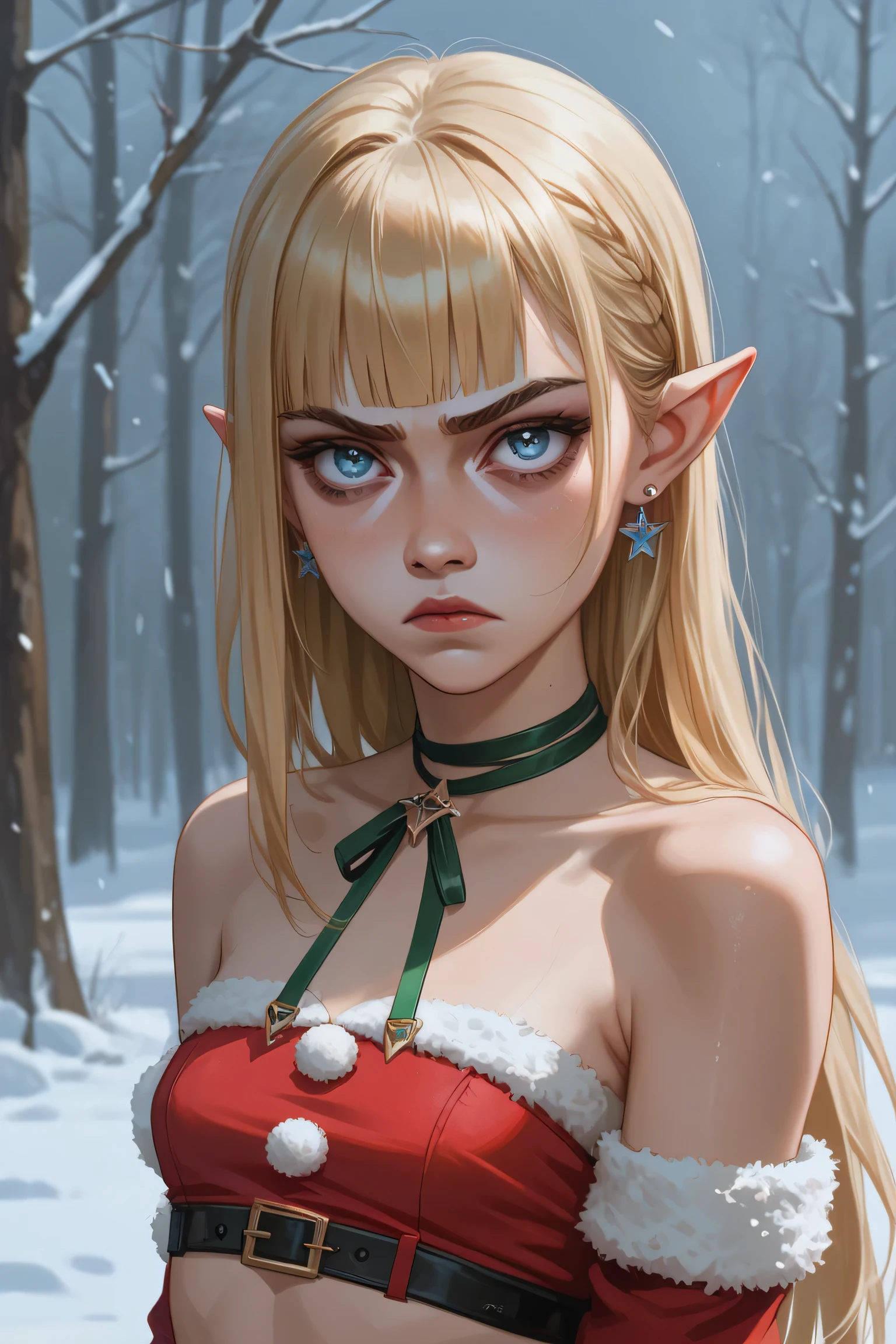 1girl, annoyed expression, (light blue brillant eyes), EARRINGS, pointed ears, rubor, makeup, (Santa Claus cropped top, small breast) BLONDE HAIR, hime cut, looking at viewer, Snow and cold, (Slim Body), portrait. score_9, score_8_up, score_7_up.  4rc4n3