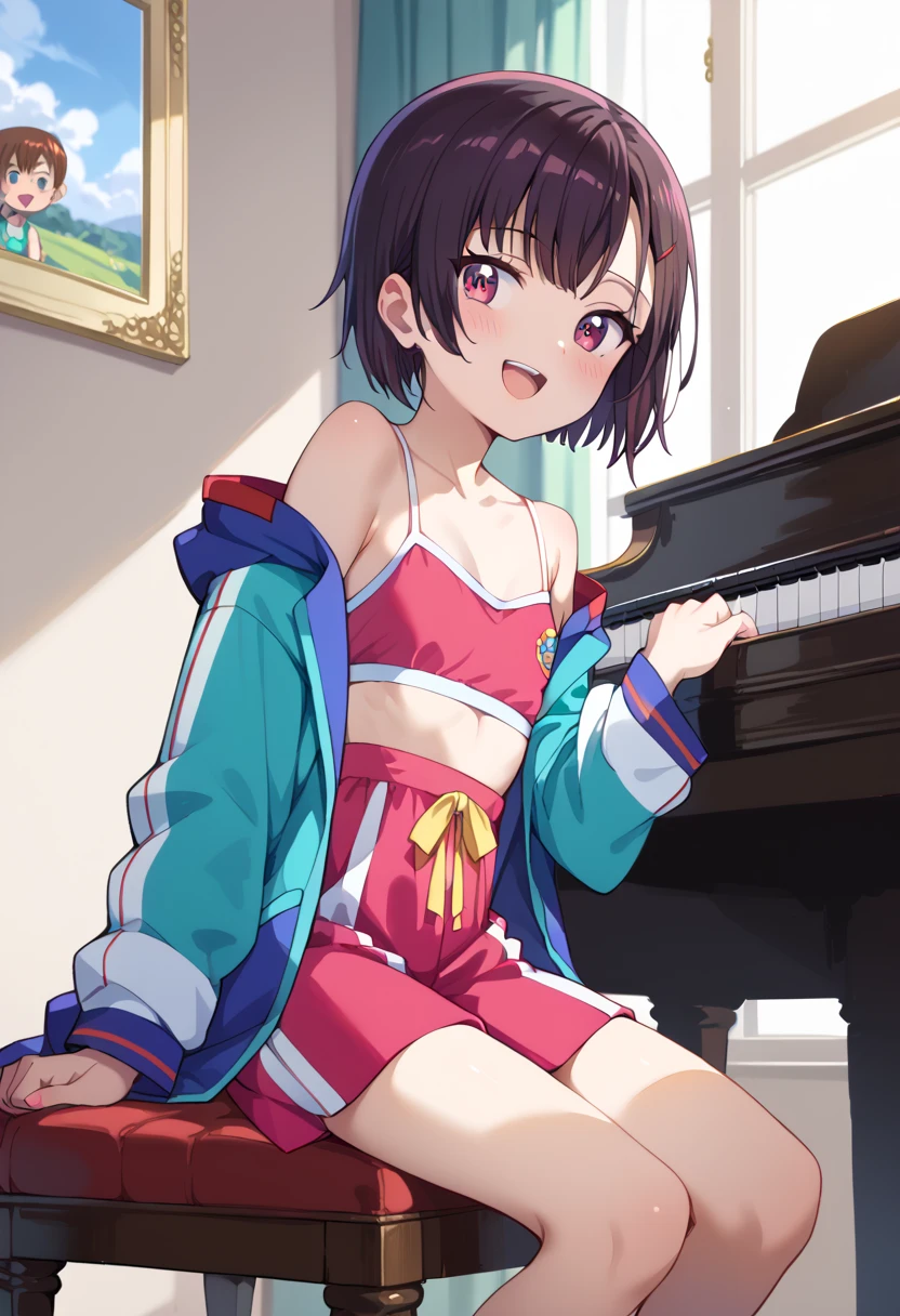 (( top quality )), ((masterpiece)), (be familiar with),  perfect face, indoor, bedroom,  Watching Viewers ,
One woman, Mikazuki Kan,
 open mouth,  ecstatic expression beside the piano, blush, smile,
 small ,  flat chest, Young girl, Lori,  kids,  girl,
Short Hair,  short hair,
Leg spread,