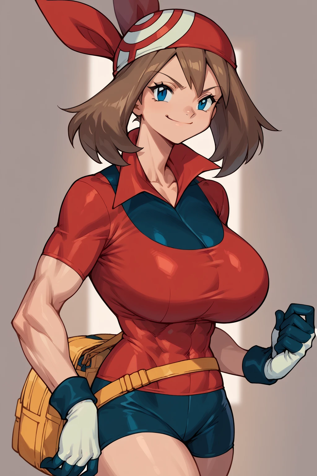 score_9, score_8_up, score_7_up, score_6_up, BREAK, MayPXL, solo, blue eyes, brown hair, short hair, 
red bandana, red shirt, short sleeves, gloves, black shorts, torso, smug smile,
gigantic bust, toned, muscles, hourglass body, 
