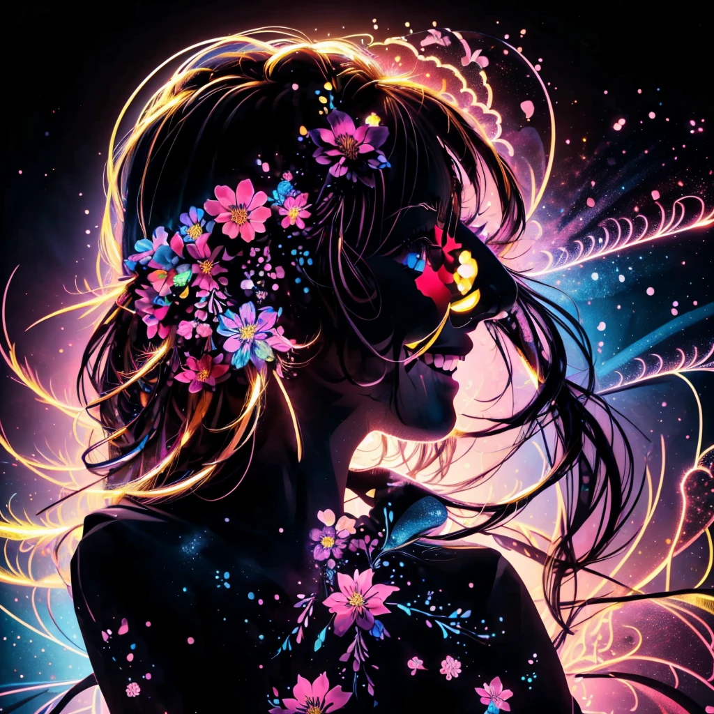  Masterpiece,  top quality , best details、 (  silhouette:1.3),  long hair, 輝く瞳,   beautiful eyes, star (null),   PROFILE  , flower, smile、vivid neon color background、