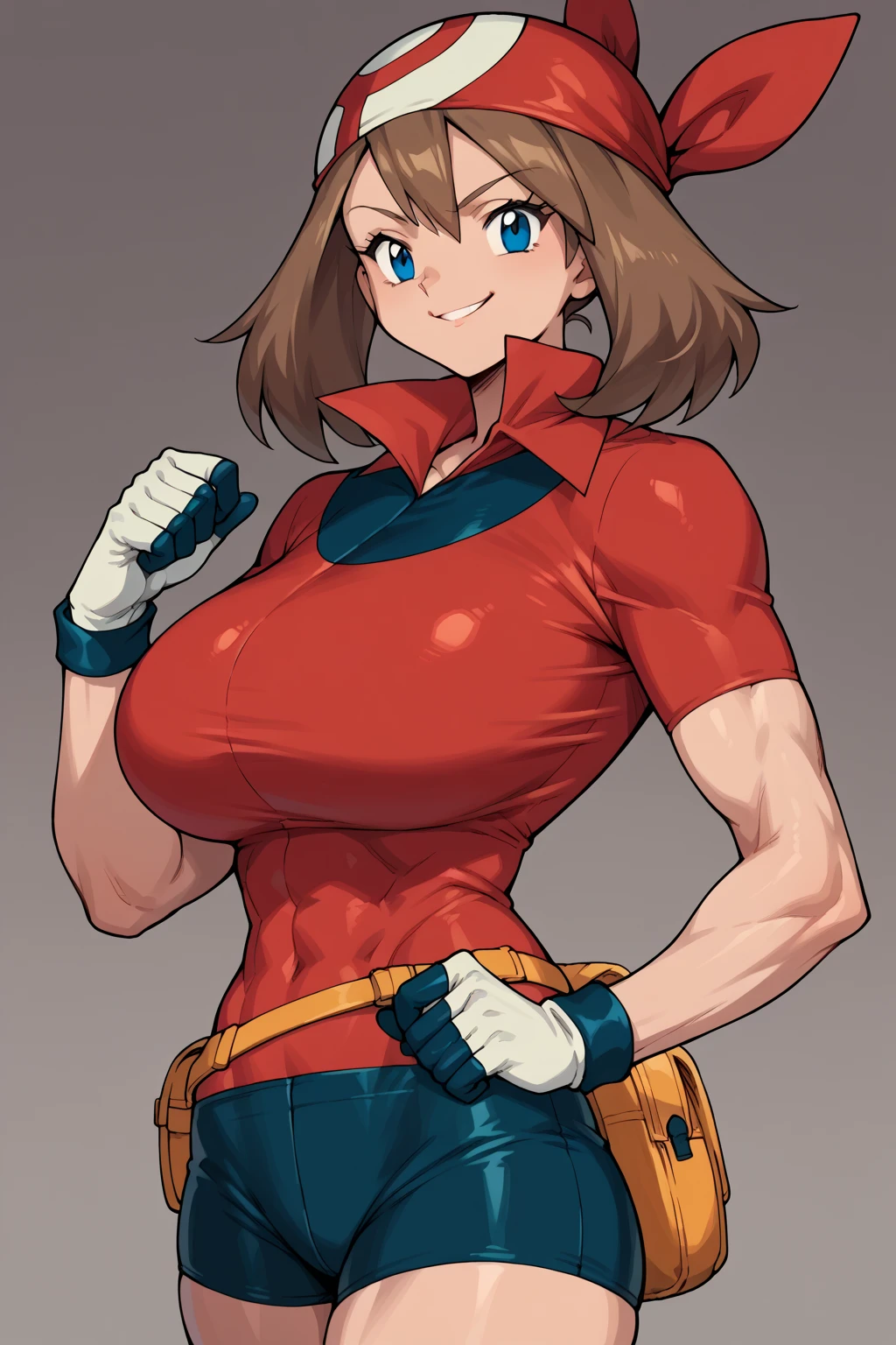 score_9, score_8_up, score_7_up, score_6_up, BREAK, MayPXL, solo, blue eyes, brown hair, short hair, 
red bandana, red shirt, short sleeves, gloves, black shorts, torso, smug smile,
gigantic bust, toned, muscles, hourglass body, 
