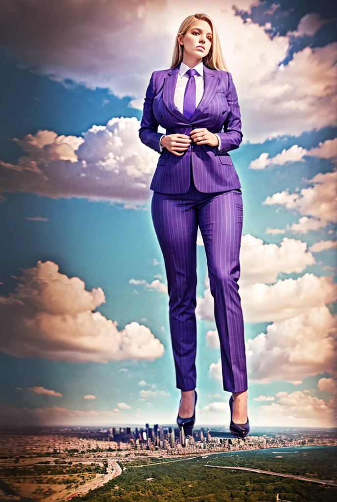 Looking up at the approaching young giantess, Giantess art, 500 miles tall giga giantess, young sophisticated and stylish woman in a light grey italian pinstriped trouser suit, form fitting crisp office shirt, and a large wide purple necktie in a windsor knot, with a beautiful, curvaceous figure, large natural breasts, and long wavey blonde hair, with a curvaceous figure and massive breasts. wearing blue rounded court high heels with uncovered feet and standing, rampage-like pose, with a city skyscrapers background of mega-city, skyscapers, partially obscured by a hazy, cloudy atmosphere. The image is a high-resolution, masterpiece-quality, cinematic, ultra-detailed, and hyper-photorealistic photograph, with perfect hands, face, and lighting. ultra-detailed, 8K, photo-realistic, hyper-realistic, masterpiece, intricate details, full body view. Looking at camera, The image is a high-resolution, masterpiece-quality, cinematic, ultra-detailed, and hyper-photorealistic photograph, with perfect hands, face, and lighting. ultra-detailed, 8K, photo-realistic, hyper-realistic, masterpiece, intricate details,