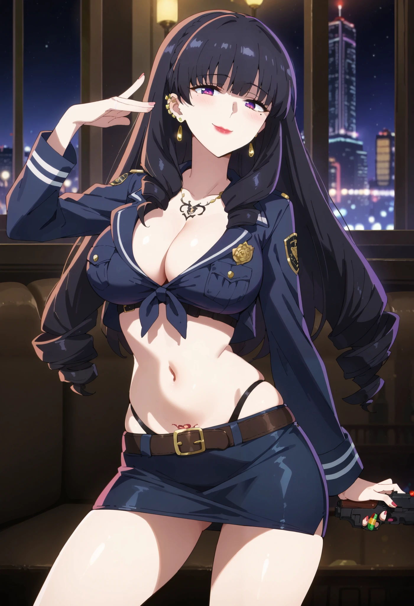 Young black girl, long purple hair, high ponytail, yellow eyes, white leather jacket, open belly, smile, open breasts, masterpiece, high quality