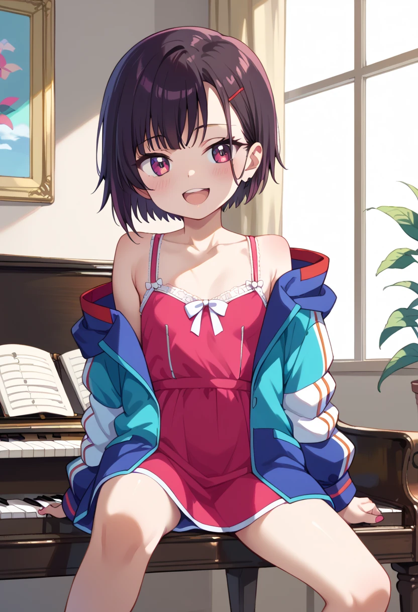 (( top quality )), ((masterpiece)), (be familiar with),  perfect face, indoor, bedroom,  Watching Viewers ,
One woman, Mikazuki Kan,
 open mouth,  ecstatic expression beside the piano, blush, smile,
 small ,  flat chest, Young girl, Lori,  kids,  girl,
Short Hair,  short hair,
Leg spread,