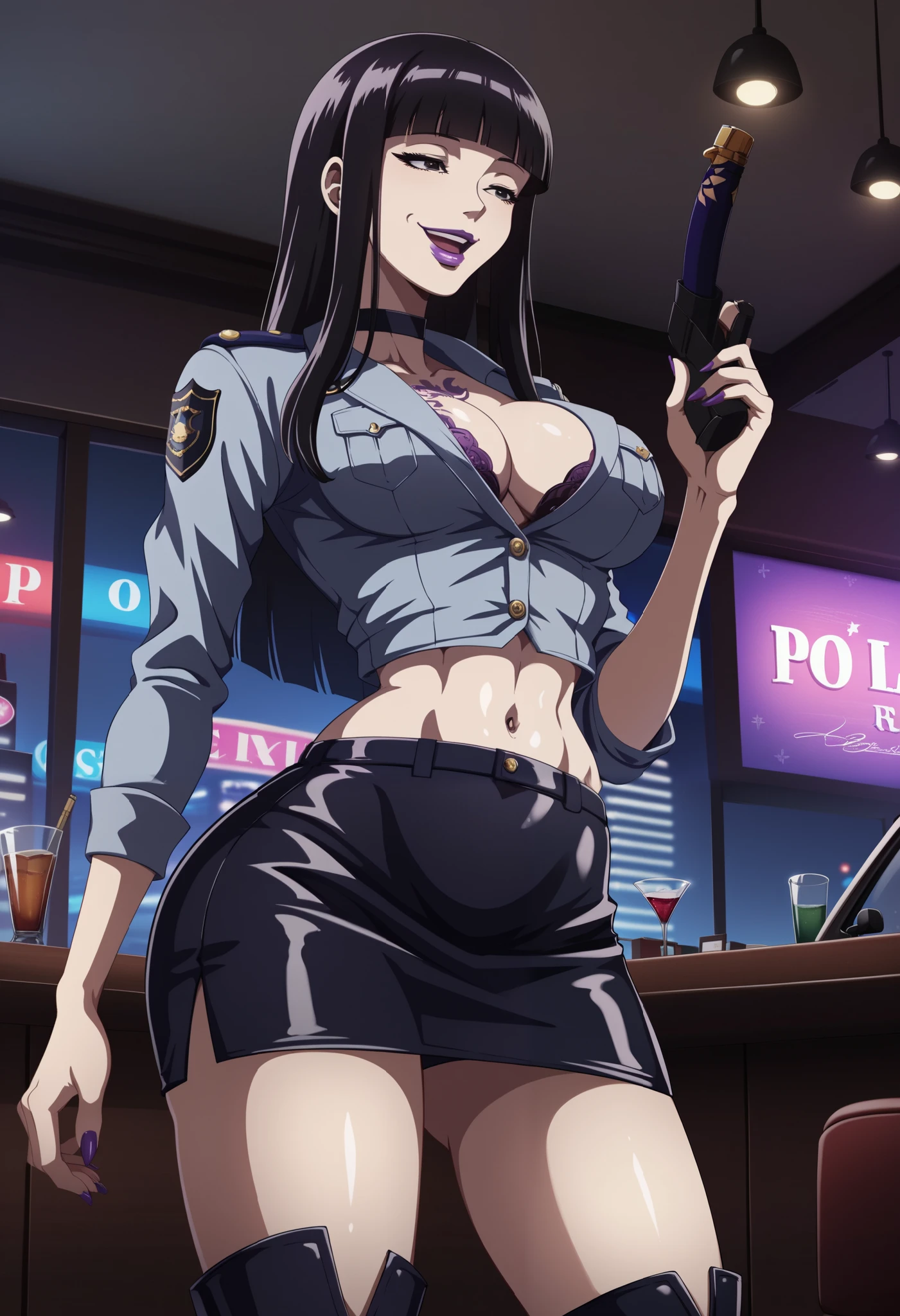 score_9, score_8_up, score_7_up,score_6_up, score_5_up, score_4_up , 1girl, solo,
large breasts, ladysiodg, long hair, black hair, hime cut, purple lips, 
thighboots,  choker, half-closed eyes, holding katana, bar
background, inside bar,indoors, cityscape, casino, nightclub, city lights, masterpiece, best quality, highly detailed, a anime girl in police uniforms , police outfit, military outfit,
open mouth, cleavage, evil smile, smile, ecchi anime style, anime girl, digital anime art!!, in anime
style, (nsfw) not safe for work, official artwork, , beautiful anime girl, anime style 4 k, micro pencil
skirt, pencil skirt, micro skirt, exposed
belly, exposed navel, exposed midriff, exposed lower belly, holding a gun, holding pistol,next to police
car, nipple slip,, from below, dragon tattoo , shiny skin, tattoo , tattoo midriff, 