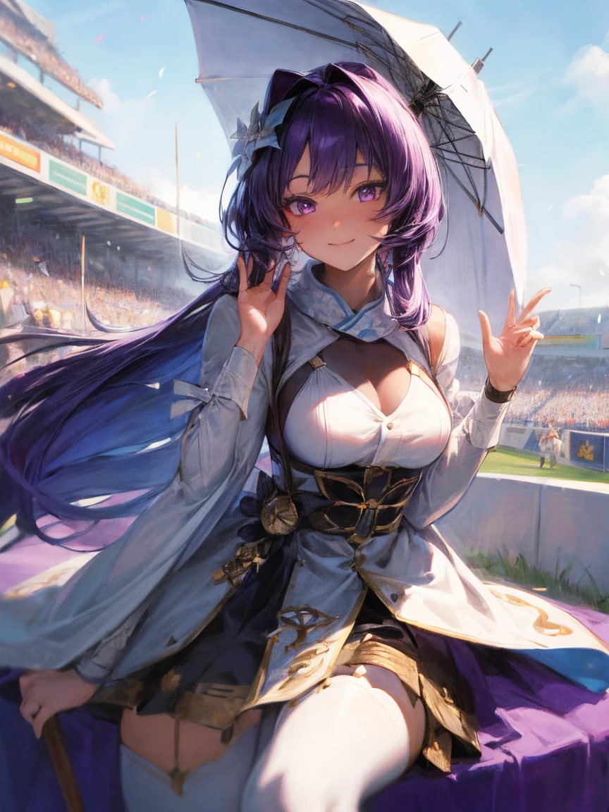 (masterpiece, highest quality:1.2),A portrait of one race queen girl,Holding a parasol like a walking stick,The girl is 22 years old and has dark purple hair.(Beautiful side tail hairstyle:1.2),Beautiful purple eyes,The girls are dressed in stylish purple and white race Bikini Type queen outfits, with many sponsor logos stylishly printed on the outfits.A beautiful white pareo wrapped around her waist,Wearing stylish white long boots,Sponsor logo on long boots,She sits in a purple and Closed GT type racing car, smiling and waving to the spectators in the stands.The background is the starting grid of the circuit, Girl's Beautiful Hairlots of confetti flying, team flags waving 、Dynamic and sexy poses,Cowboy Shot,(High quality, high definition, masterpiece best quality, 4k, 8k:1.5)、Ultra detail,Ultra-fine painting, physically based rendering, professional shooting resolution,