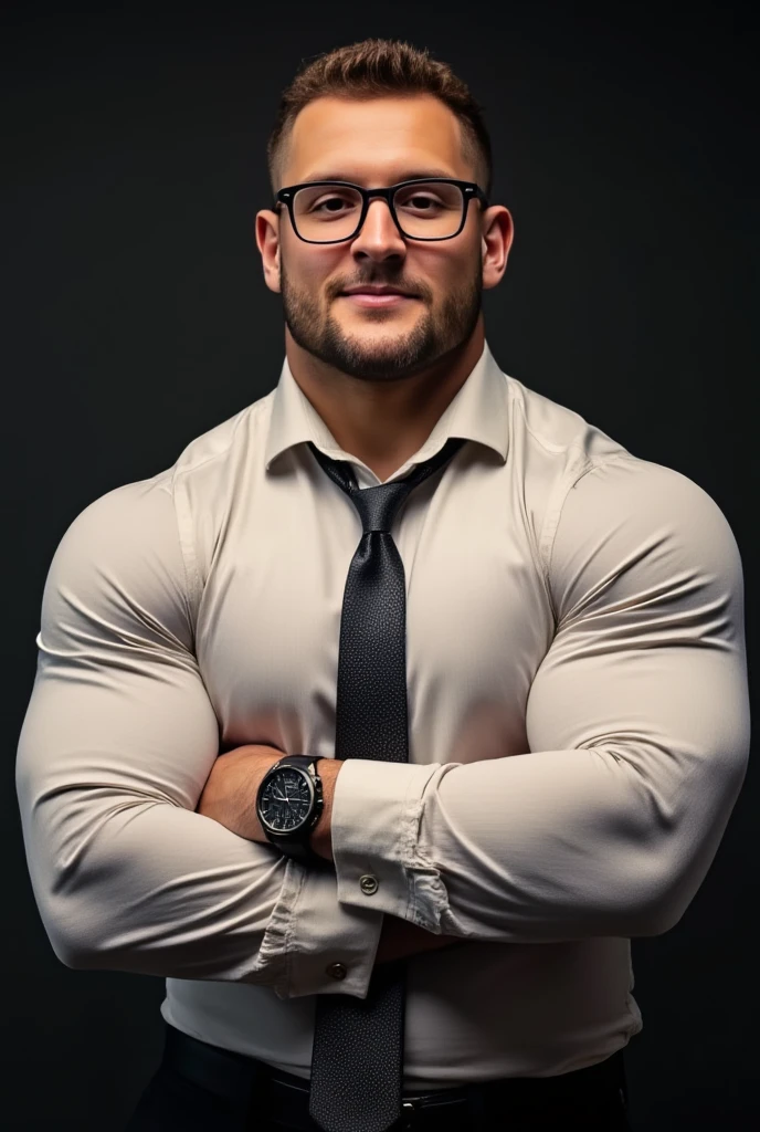 Nick Bosa, muscular, chiseled jaw, strong physique, undercut haircut combed back, short beard, showing off his well-defined physique. His skin glistens with sweat, highlighting his bulging muscles, Muscular man radiates confidence and power, his defined and wavy muscles. The intricate details of his defined chest, ABS, and the arms are emphasized, showing off his toned physique. wearing long-sleeve white shirt and tie, wear glasses with a watch, upper body, arms crossed, in camera studio with 3 flash, soft lighting