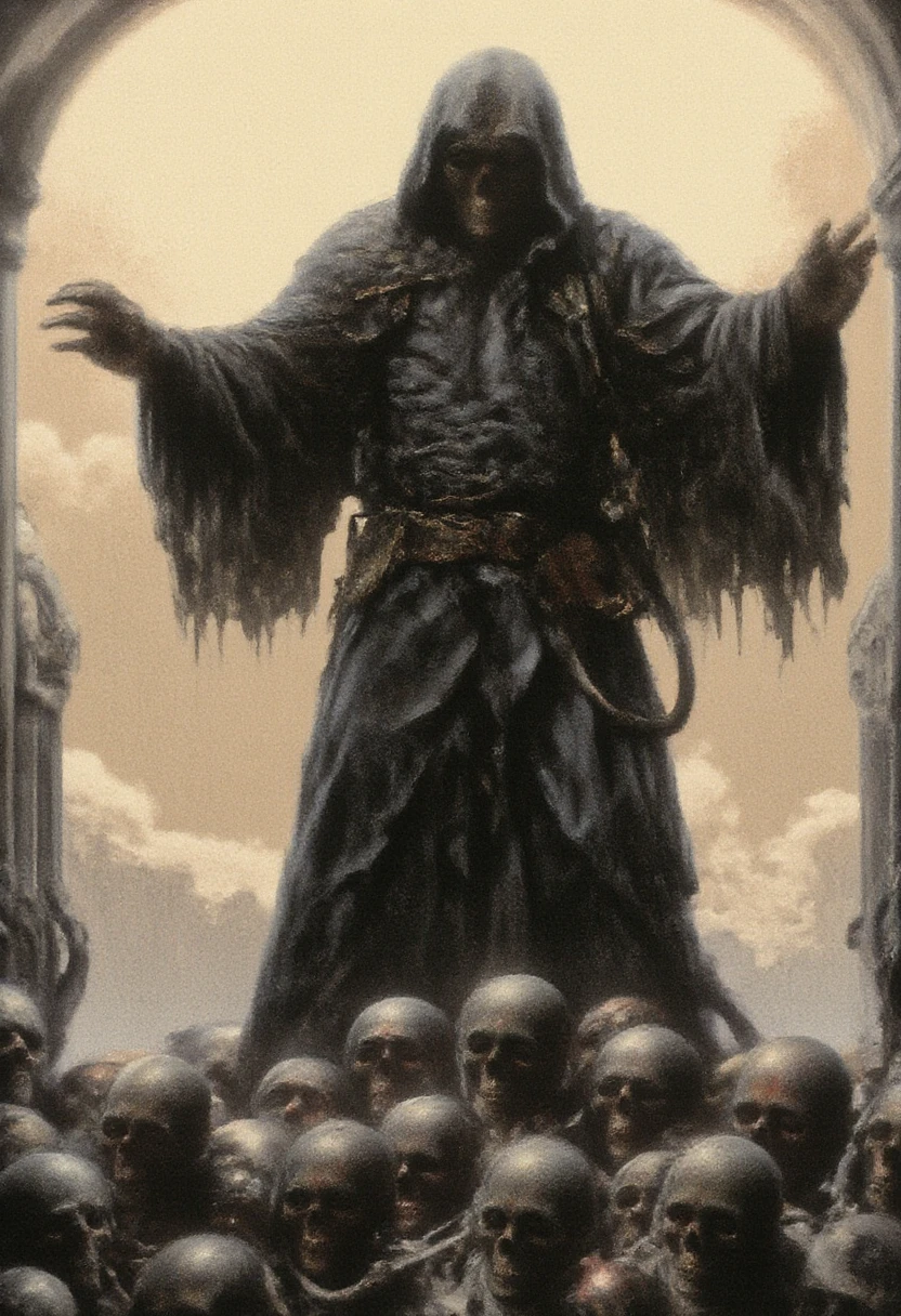 A towering, ominous figure draped in a dark cloak extends its arms outward, standing atop a mass of human skulls and faces. The figure has a featureless, pale head with spiky protrusions emanating from the crown. The background is a muted, eerie beige, enhancing the unsettling and surreal atmosphere of the scene.