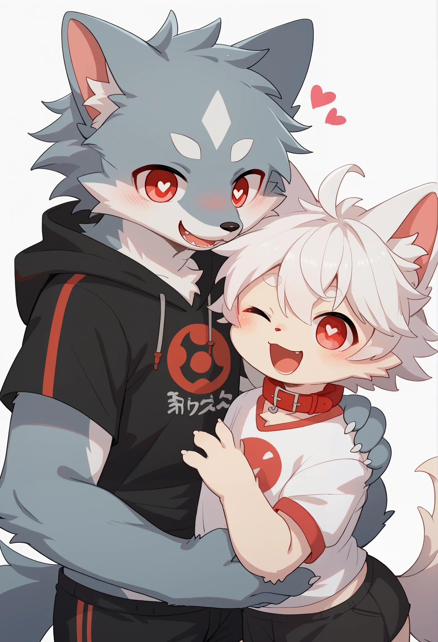   very detailed bustな,  very detailed bust, gray fur white hair ,Age 15,male,  excited to see bones  , Wolf pelt, excited,participate,  cute face,  something like fluffy fur ,Horny maleの子,Red collar,Cute ears ,Fluffy ears ,Fluffy ears , show me your legs , show me paws , Red collarと紐を持っている, Red collarと紐を持っている, cute fur maleの子 , maleの子,  heart eyes ,Horny maleの子 , Black Back ,White background, blush nose ,Alone,Dropped ears,  black shorts,  black short sleeve hoodie 