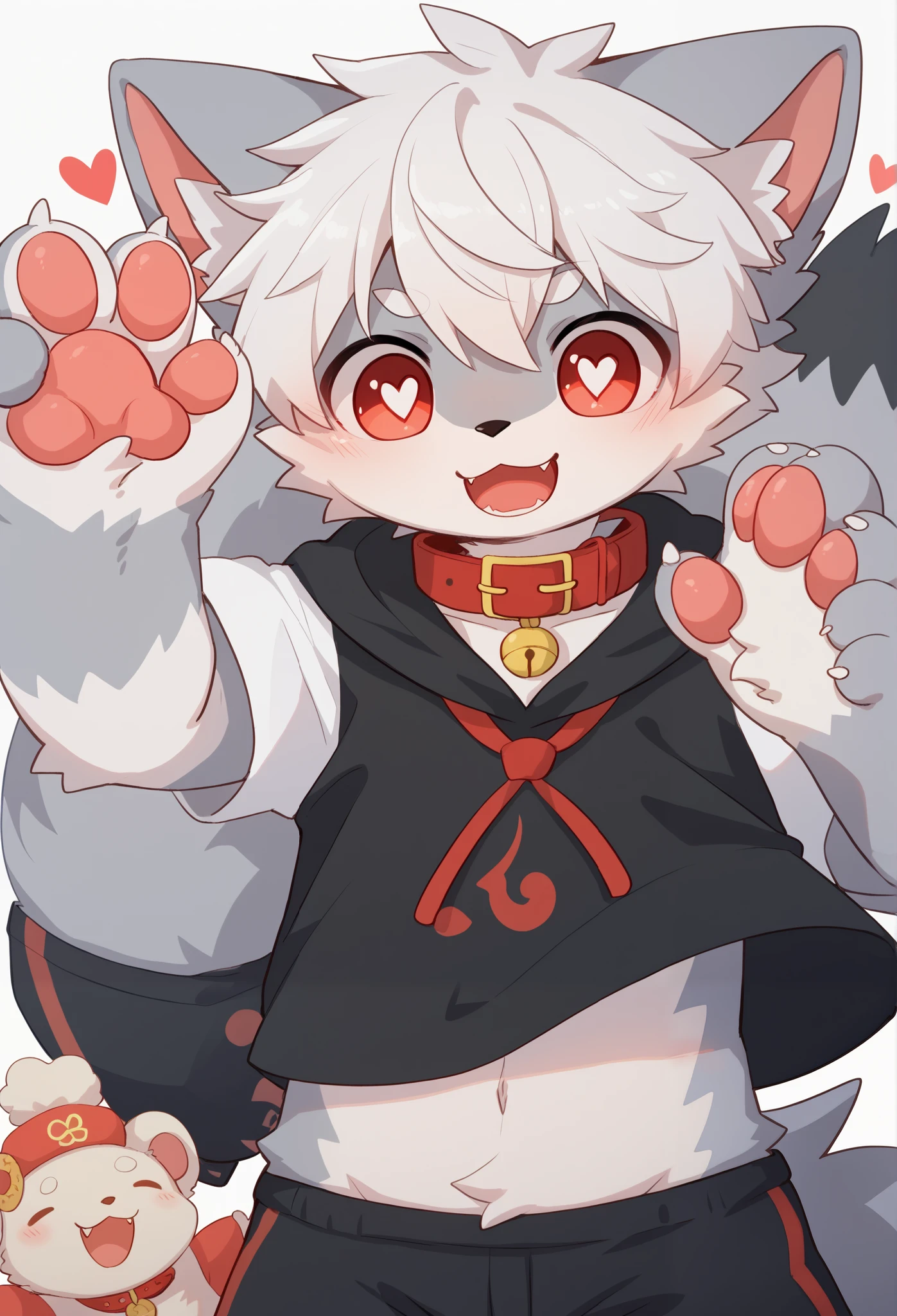   very detailed bustな,  very detailed bust, gray fur white hair ,Age 15,male,  excited to see bones  , Wolf pelt, excited,participate,  cute face,  something like fluffy fur ,Horny maleの子,Red collar,Cute ears ,Fluffy ears ,Fluffy ears , show me your legs , show me paws , Red collarと紐を持っている, Red collarと紐を持っている, cute fur maleの子 , maleの子,  heart eyes ,Horny maleの子 , Black Back ,White background, blush nose ,Alone,Dropped ears,  black shorts,  black short sleeve hoodie 