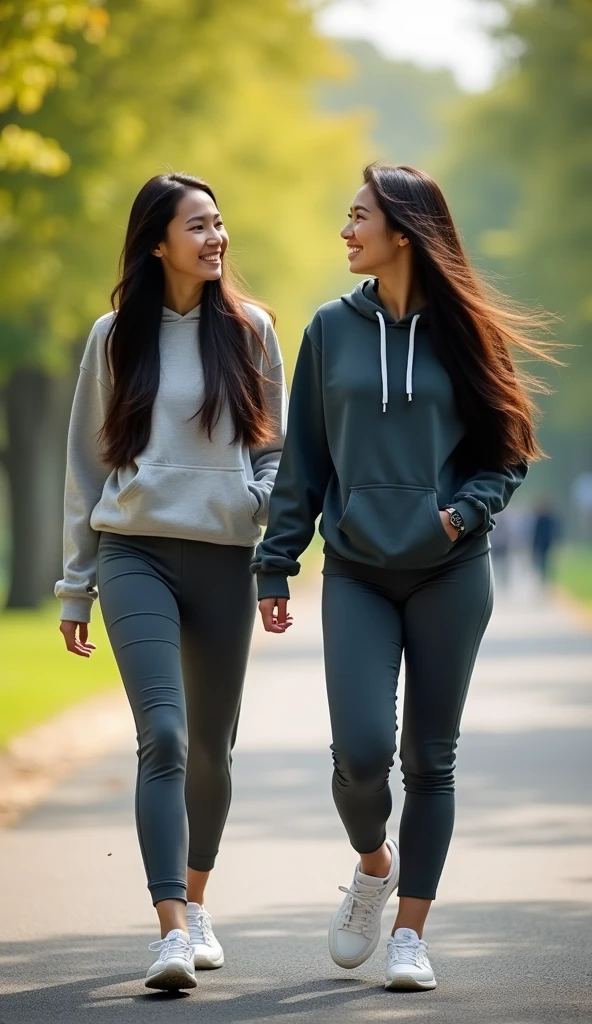 A 2 beautiful girl weared black leggins and white hoodies and she walking a on a ground