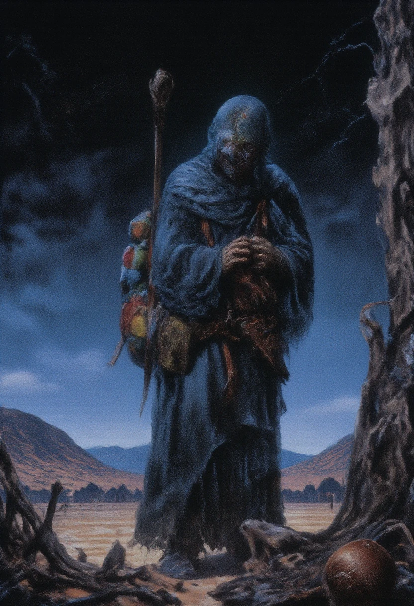 A cloaked figure stands in a stark desert landscape, wearing a white mask adorned with red horns and markings. The character is equipped with a spear in one hand and a large, loaded backpack on their back, featuring several pockets and gear. The figure’s attire, composed of layered fabrics and accessories, hints at a nomadic lifestyle. The background is a gradient of deep blues, suggesting twilight, contrasted by the light-colored sand dunes.