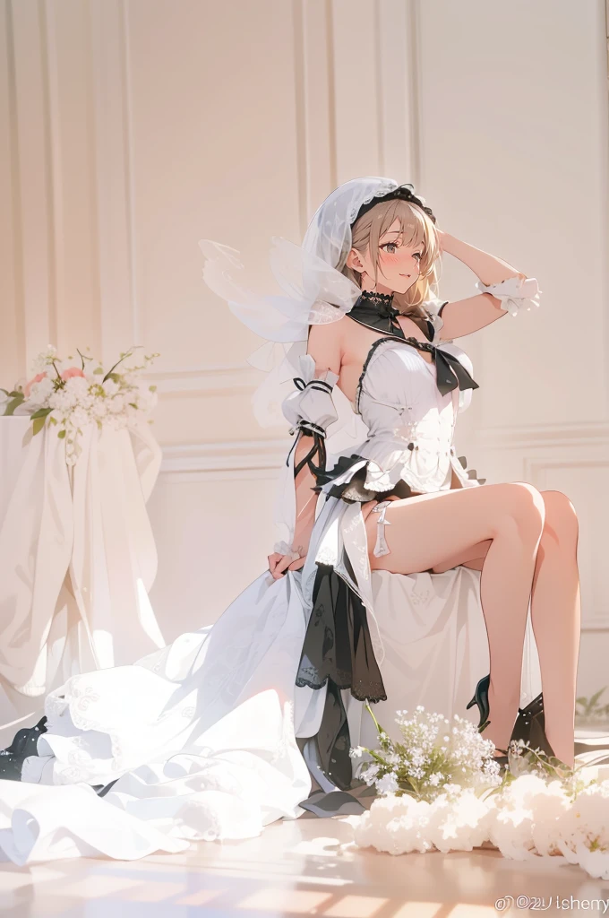 absurderes, (独奏:1.5,)ultra-detailliert,bright colour, extremely beautiful detailed anime face and eyes, view straight on, ;D, shiny_skin,25 years old, Short hair,, asymmetrical bangs, Blonde hair with short twin tails, Shiny hair, Delicate beautiful face, red blush、(Blue eyes), White skin, earrings, Beautiful skyline,(magnificent sky),(Happy smile:1.4),beautiful and delicate eyes,Cute Girly,Perfect slim body,(L'Atelier Mariage Wedding Dress:1.5),(wedding veil:1.3),View of the church,Pure eyes,The skin is smooth like a baby,,(Colorful flowers and plants:1.3),(Full body:1.2)(((facials、sexual teasing、s ass、So that the panties are visible、open one's legs、force of pee、Pee leaks、Anatomy、Looks Back )))