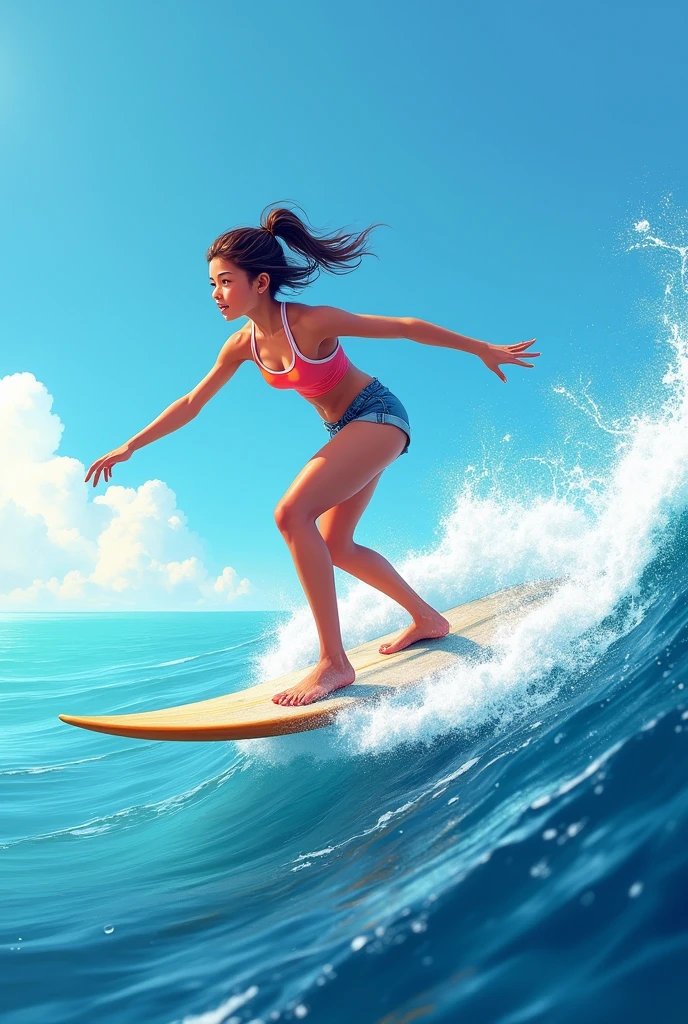there is a woman riding a skateboard on a wave, jen bartel, in style of cyril rolando, cyril rolando and goro fujita, inspired by Cyril Rolando, in style of digital illustration, illustration style, stunning digital illustration, vector art style, stunning art style, vector behance hd jesper ejsing, colorful illustration, fabulous illustrations