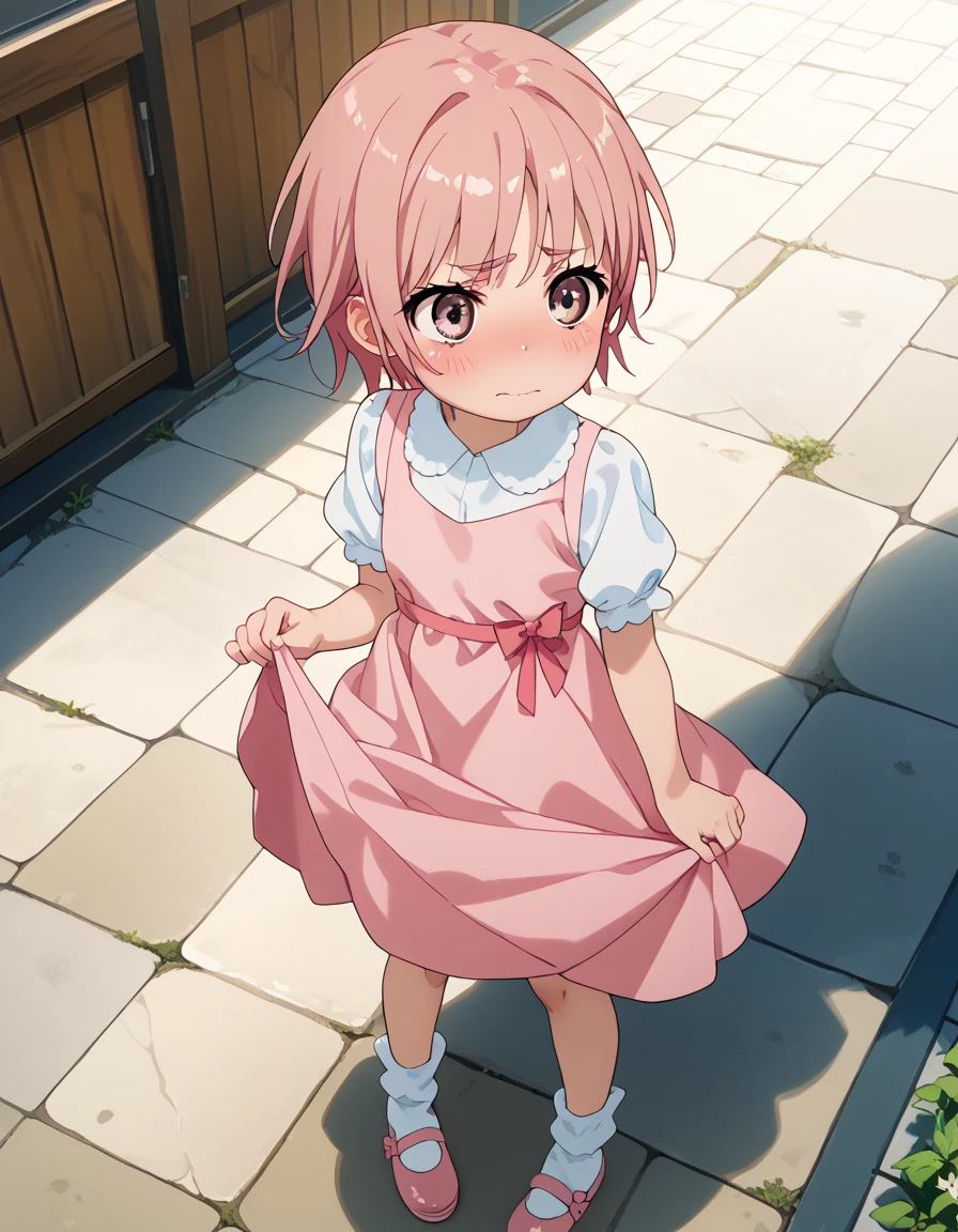 score_9, score_8_up, score_7_up, score_6_up, score_5_up, score_4_up, source_anime, masterpiece, best quality, loli, petite, shiny skin, gleaming skin, flat chest, pink hair, short hair, pink eyes, pink dress, bobby socks, mary janes, embarrassed, skirt lift, panties,