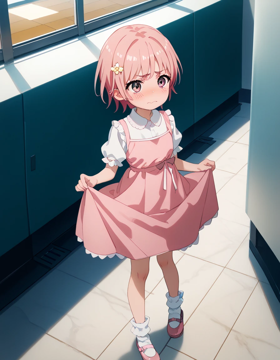 score_9, score_8_up, score_7_up, score_6_up, score_5_up, score_4_up, source_anime, masterpiece, best quality, li, petite, shiny skin, gleaming skin, flat chest, pink hair, short hair, pink eyes, pink dress, bobby socks, mary janes, embarrassed, skirt lift, panties,