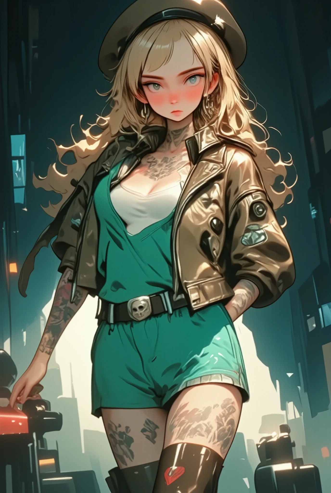 She has Caucasian juvenile features of 22 years old
(Long straight platinum blonde hair)
((He has many tattoos on his neck, chest tattoo, belly tattoo, tattoos on feet)),
She dresses in a chic rock style :( Dark brown biker jacket )with studs and side zipper,
( frayed lace with denim laces ), ( White push-up bra with red stitching ).
( dark brown thigh high boots )(medias de red)
Wide leather belt with large skull buckle studs and (leg holster ).