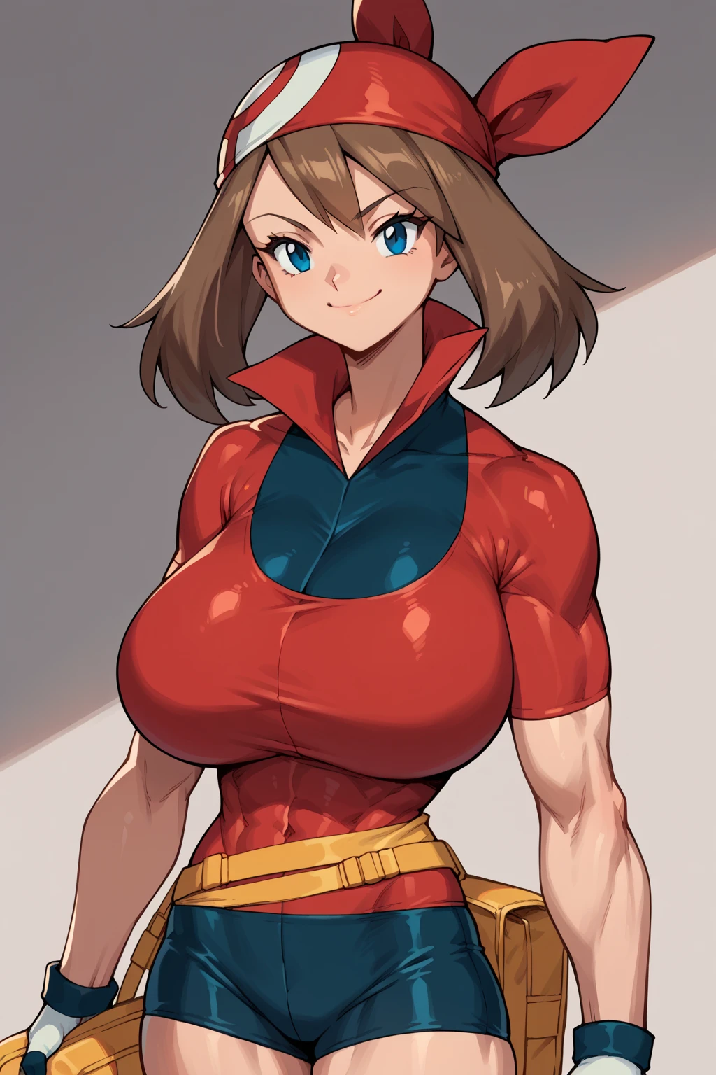 score_9, score_8_up, score_7_up, score_6_up, BREAK, MayPXL, solo, blue eyes, brown hair, short hair, 
red bandana, red shirt, short sleeves, gloves, black shorts, torso, smug smile,
gigantic bust, toned, muscles, hourglass body, 
