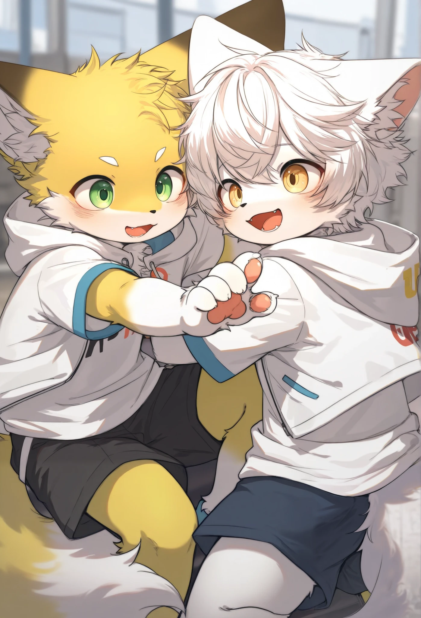  fox boy，furry boy， ddlers， white hair， yellow skin，White Arm， short sleeve with jacket， shorts