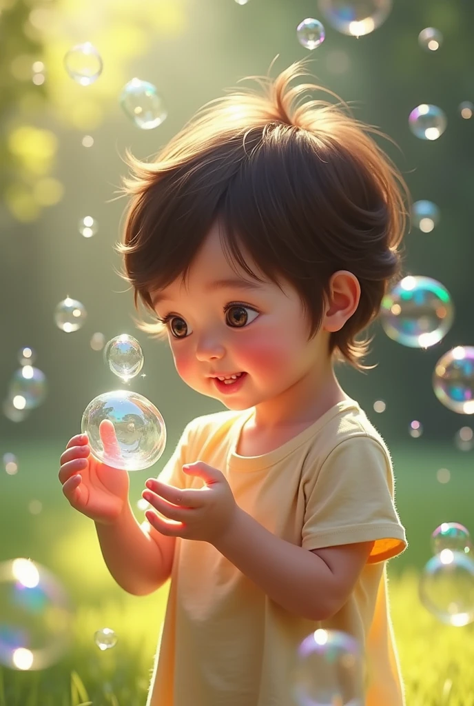 Magical bubbles, Sparkling Bubbles ,  Colorful Bubbles,  cute girl, ((( get bubbles out of your nostrils:1.5, 魔法で get bubbles out of your nostrils, Nose lantern))),  one girl who is at ease, On the lawn in the garden, Put bubbles out with a smile 、