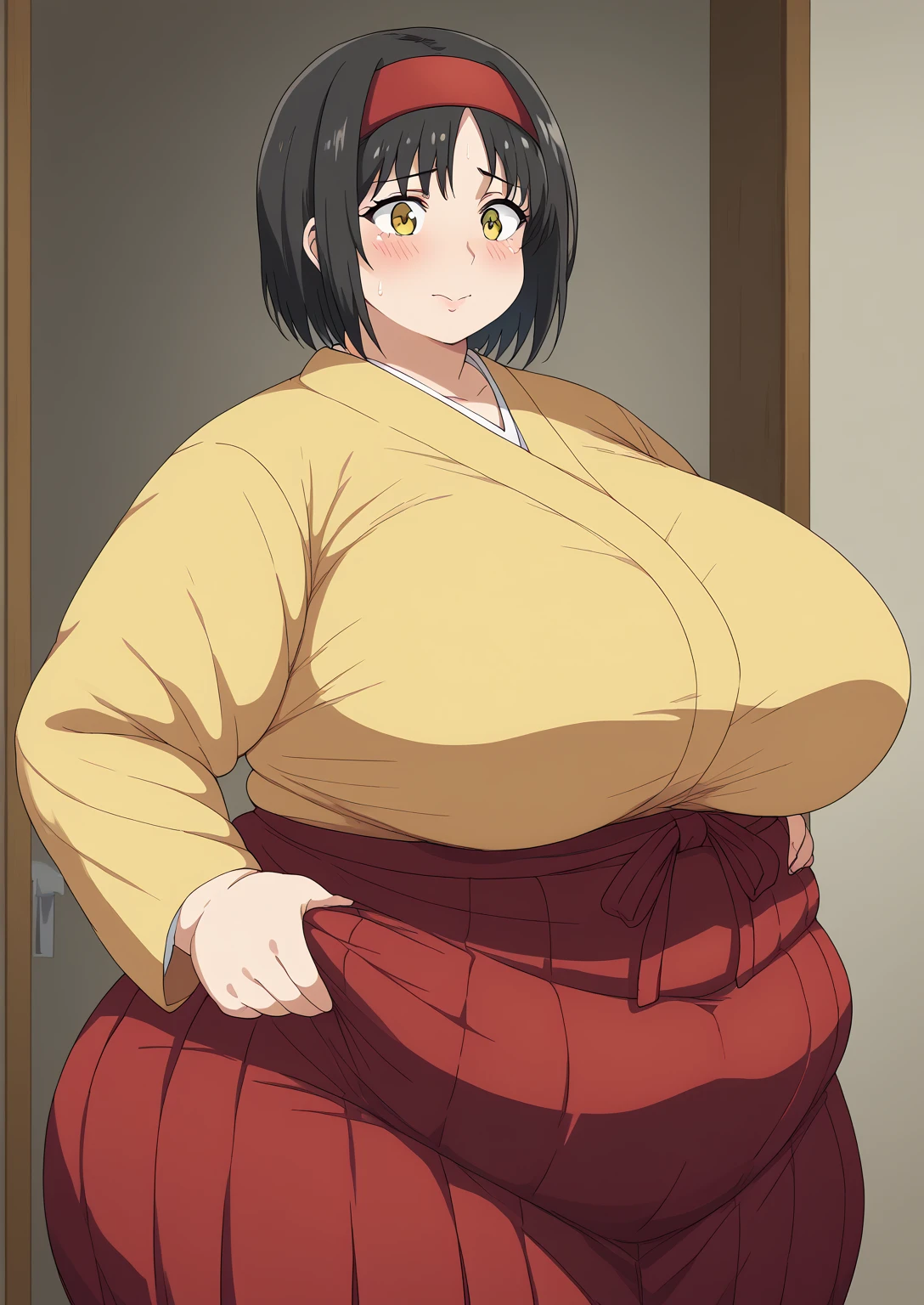 Erika, Erica,    yellow eyes  ,  Black Hair,  red headband,   short hair,  yellow kimono, Boobs are not exposed,   Long Sleeve  ,  red hakama, score_9,   score_8_ up,   score_7_ up,   score_6_ up,   score_5_ up,   score_4_ up,     masterpiece   ,   top quality,     very aesthetic  ,    absurd,    source_Anime, Anime screencap,    one woman , Alone,   personal   ,  Super huge breasts, (((S uper huge クレビス, Super huge , Super huge boob))), Curvy,   in her 20s,  Mature Woman,   obese , ,  troubled expression, ssbbw,  embarrassed expression, Japanese-style room, Hunger, hungry woman