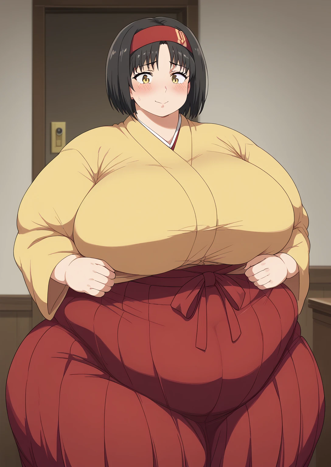 Erika, Erica,    yellow eyes  ,  Black Hair,  red headband,   short hair,  yellow kimono, Boobs are not exposed,   Long Sleeve  ,  red hakama, score_9,   score_8_ up,   score_7_ up,   score_6_ up,   score_5_ up,   score_4_ up,     masterpiece   ,   top quality,     very aesthetic  ,    absurd,    source_Anime, Anime screencap,    one woman , Alone,   personal   ,  Super huge breasts, (((S uper huge クレビス, Super huge , Super huge boob))), Curvy,   in her 20s,  Mature Woman,   obese , ,  troubled expression, ssbbw,  embarrassed expression, Japanese-style room, Hunger, hungry woman