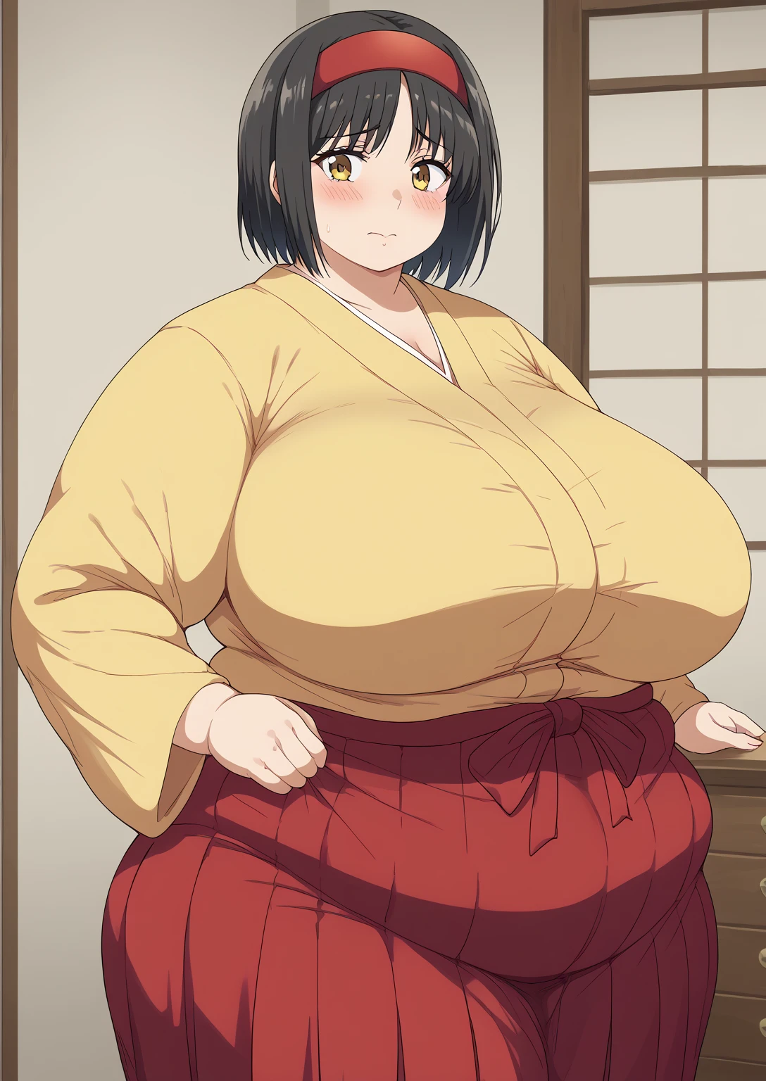 Erika, Erica,    yellow eyes  ,  Black Hair,  red headband,   short hair,  yellow kimono, Boobs are not exposed,   Long Sleeve  ,  red hakama, score_9,   score_8_ up,   score_7_ up,   score_6_ up,   score_5_ up,   score_4_ up,     masterpiece   ,   top quality,     very aesthetic  ,    absurd,    Source_Anime, Anime screencap,    one woman , Alone,   personal   ,  Super huge breasts, (((S uper huge クレビス, Super huge , Super huge boob))), Curvy,   in her 20s,  Mature Woman,   obese , ,  troubled expression, ssbbw,  embarrassed expression, Japanese-style room, Hunger, hungry woman