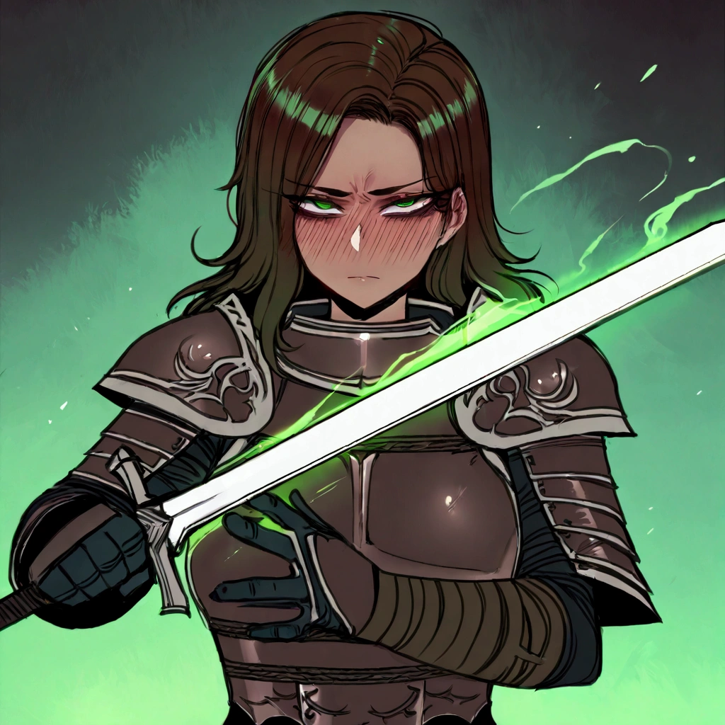 girl, mercenary, holding a sword, dark skinned, masterpiece, perfect hands, green eyes, long hairs, brown hair, blushing, serious expressioni, extremaly detailed eyes, leather armor, ratatatat74, looking at viewer, no helmet, simple sword
