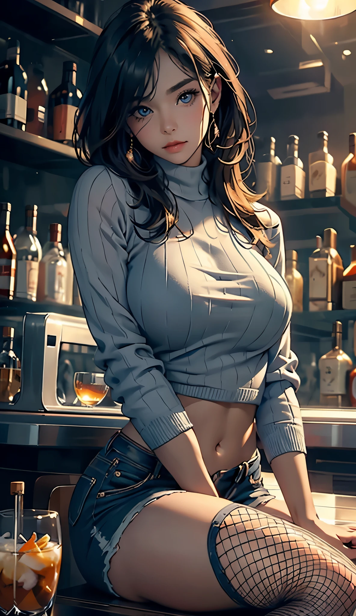 ((Ultra detailed:1.5, Best Quality:1.5, photorealistic:1.5, 8K, Masterpiece: 1.3)), looking at viewers , Sharp Focus: 1.2, A Beautiful Woman with Perfect Figure: 1.4, Slim Abs: 1.2, sweaty Body: 1.1, Highly Detailed Face and Skin Texture, (Detailed Eyes, Double Eyelids), cute Breasts, (facial expressions, happy:1.3 smile:1.1), (beautiful eyeshadow, detailed makeup), (sweater mini dress, off shoulder, boots )  (swept cut, middle hair , dark brown hair ), sex appeal, enjoying music ,(perfect anatomy), club, bar ,