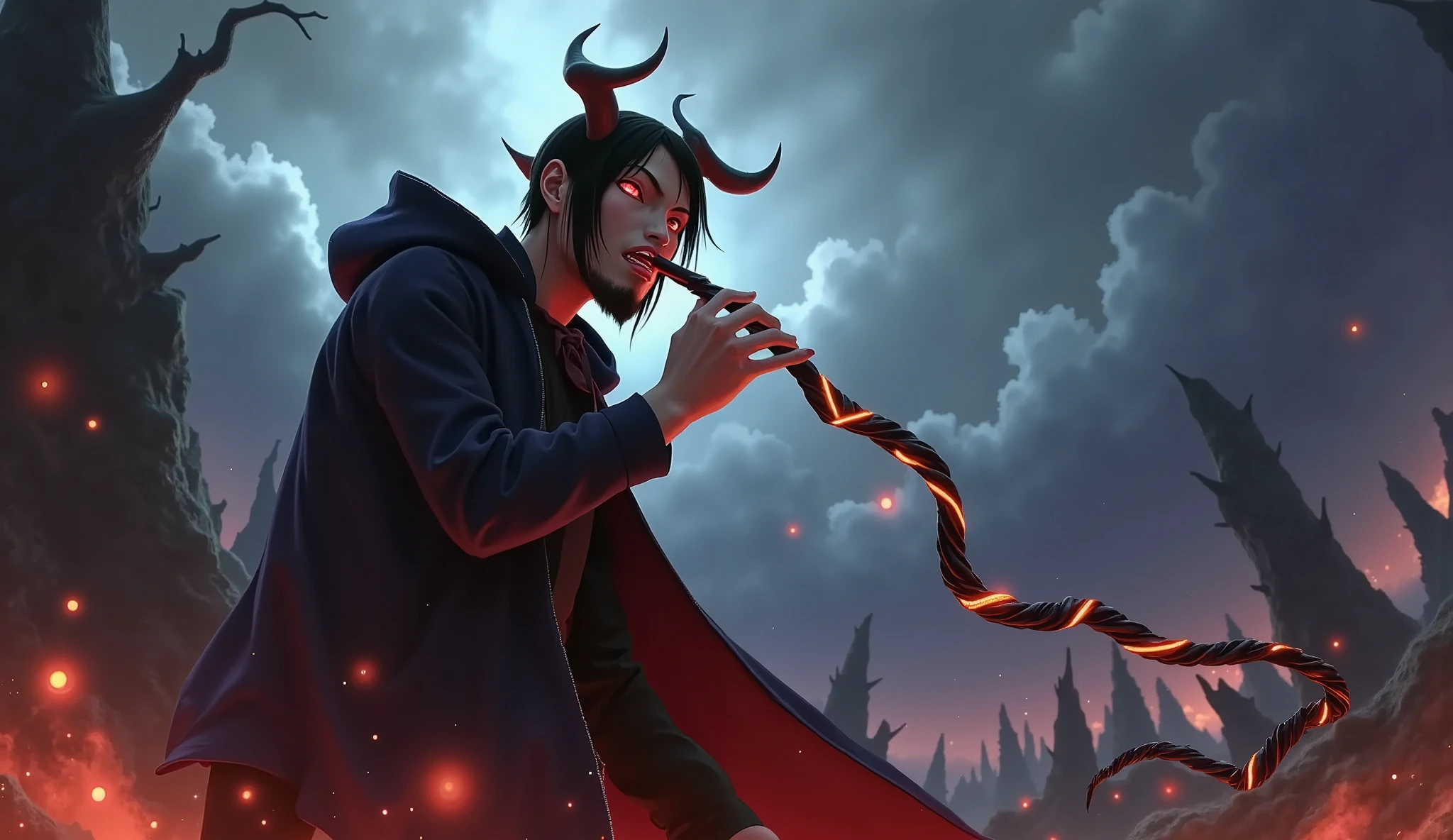 a demonic figure playing a flute, fantasy, anime, horror, detailed character design, intricate details, dark moody atmosphere, dramatic lighting, vibrant colors, digital painting, highly detailed, cinematic composition, masterpiece