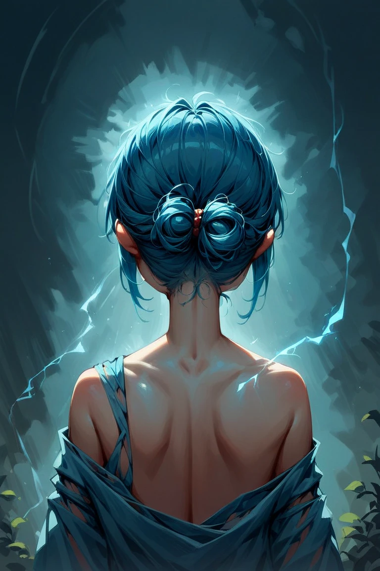 A blue haired woman in advanture outfit, facing away from camera, swaying her hands, blue mist, dramatic lightning, a mirror lake with her in rococo style win fan in her hand